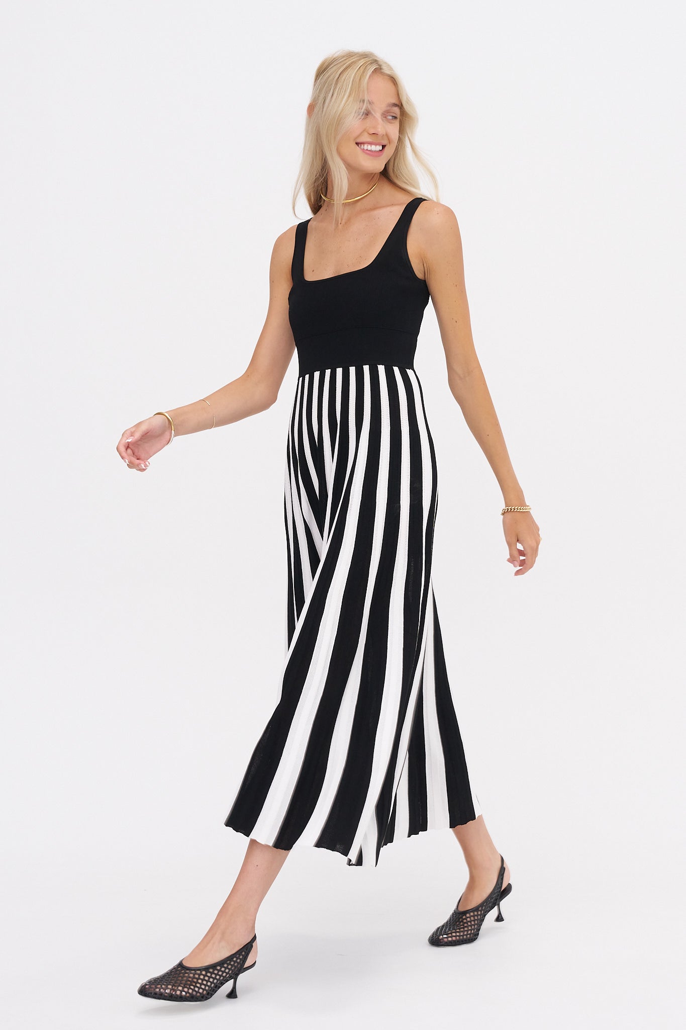 Square Neck Mesh Dress, Black Stripe
