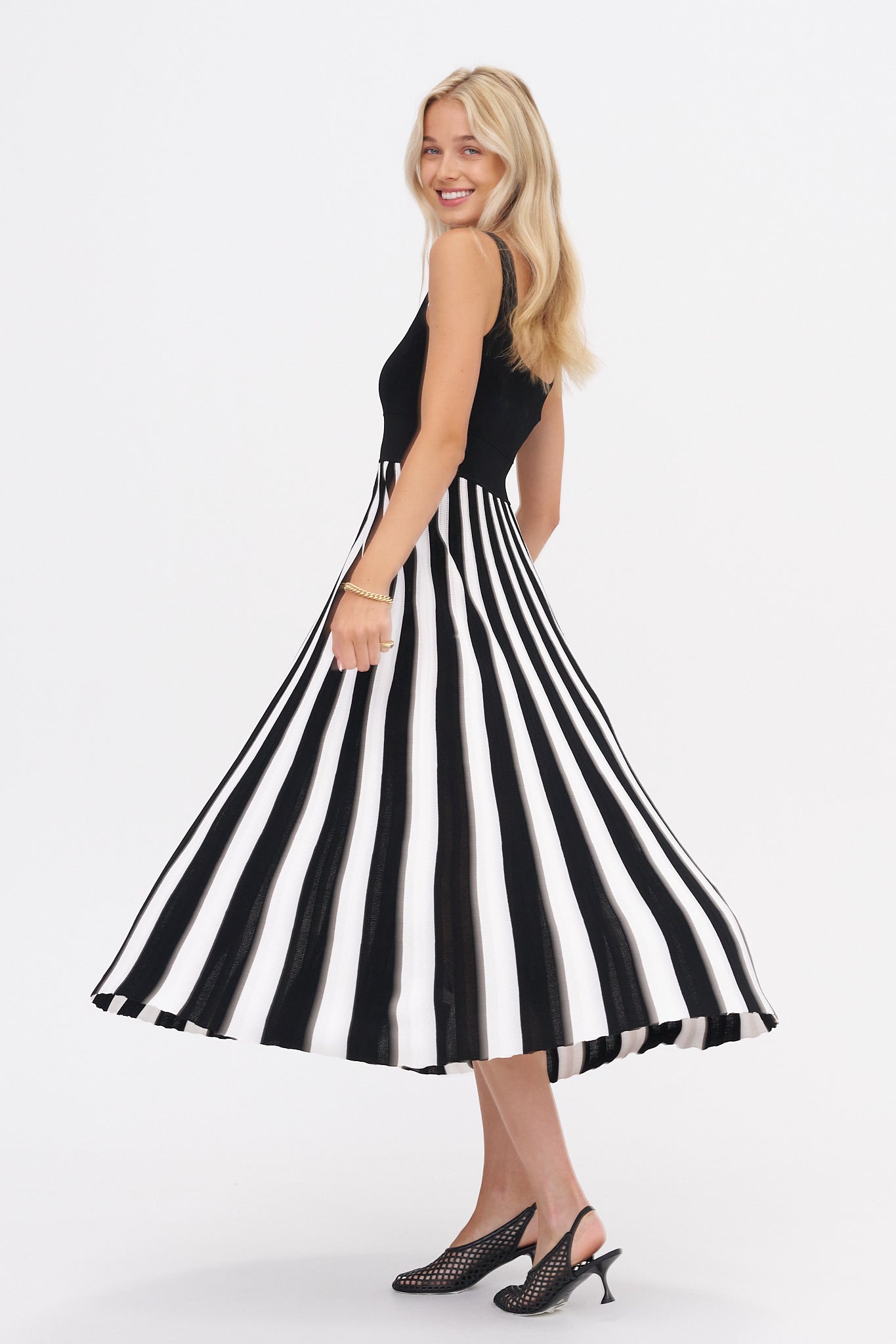 Square Neck Mesh Dress, Black Stripe