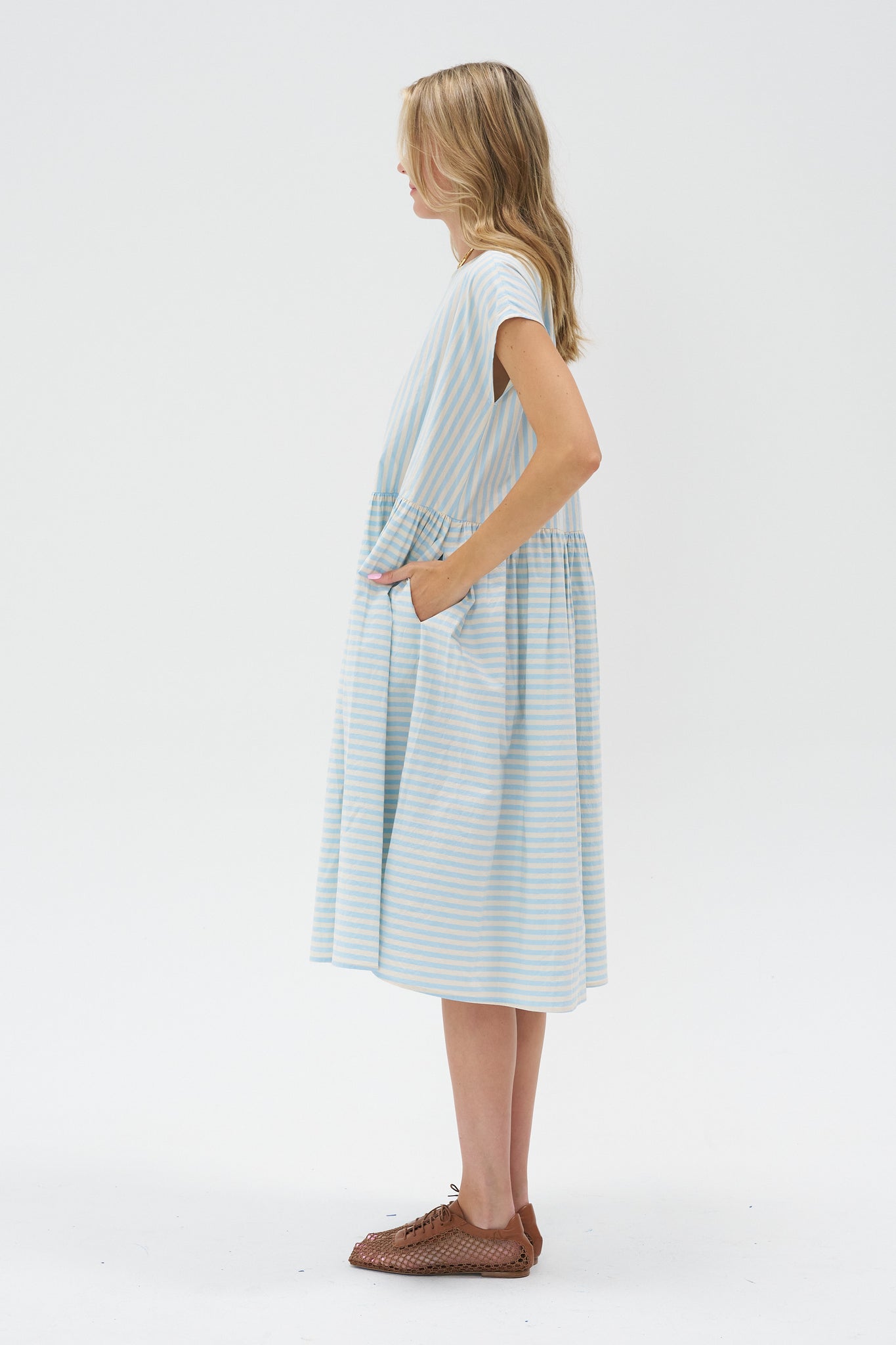 APUNTOB - Striped Short Sleeve Dress, Sky