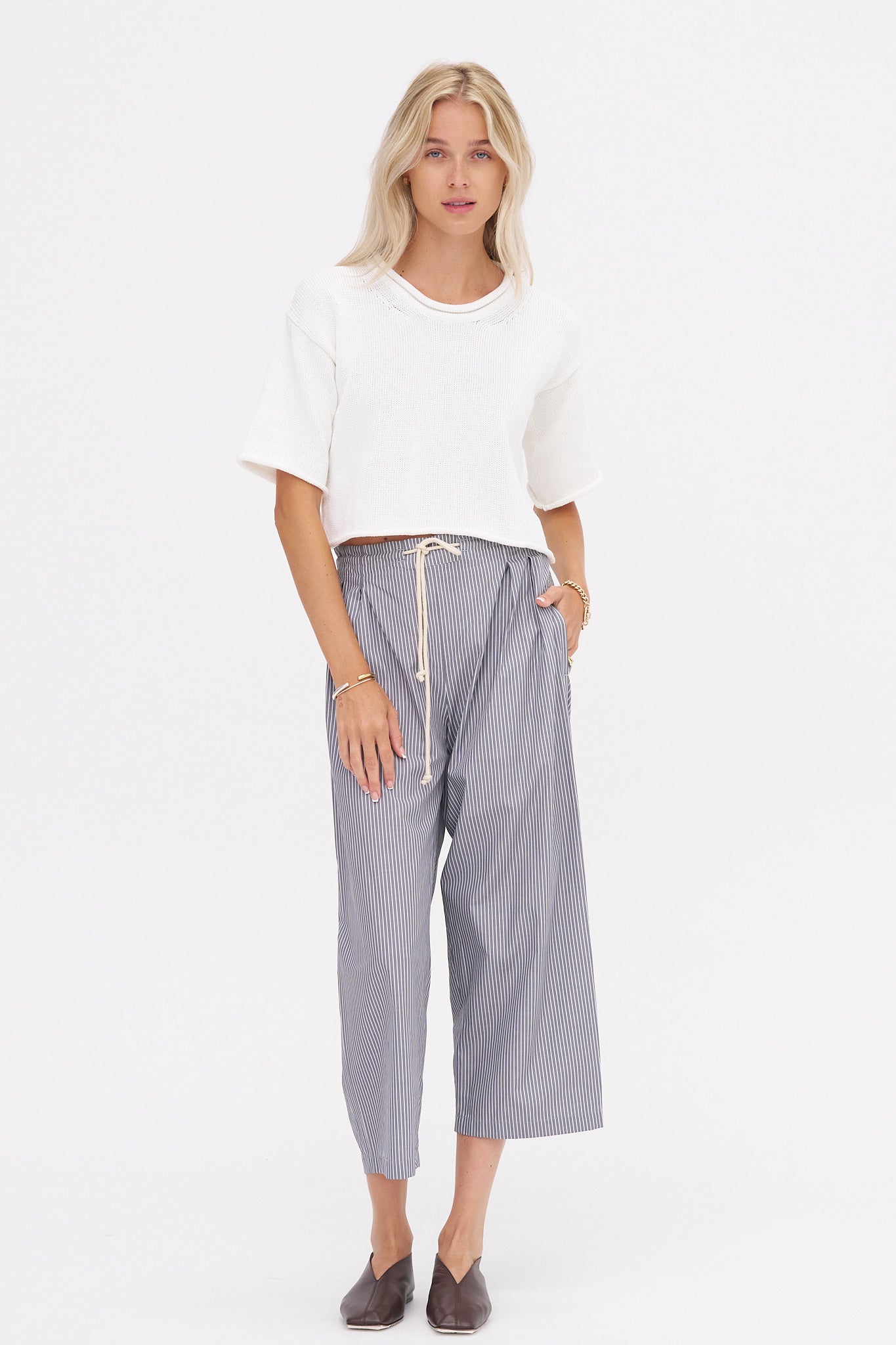 Drawstring Pleat Front Pant, Grey Railroad Stripe