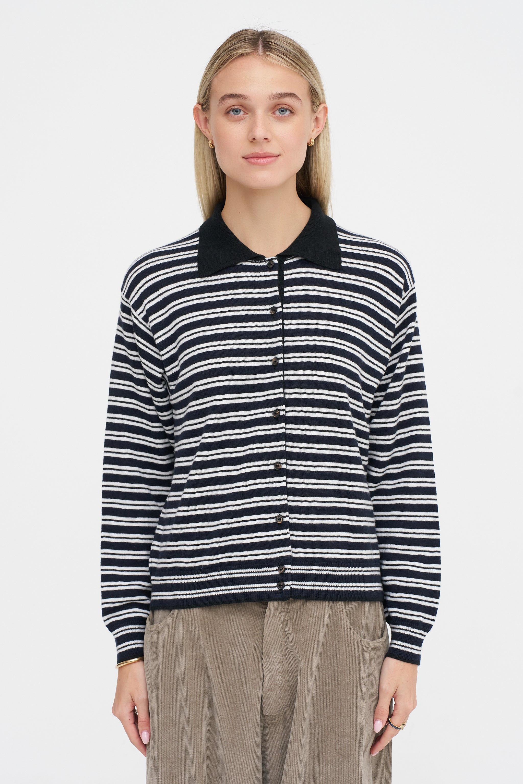 Cordera Merino Wool Striped Polo Cardigan, Black & White – Kick Pleat