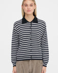 Merino Wool Striped Polo Cardigan, Black & White
