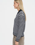 Merino Wool Striped Polo Cardigan, Black & White