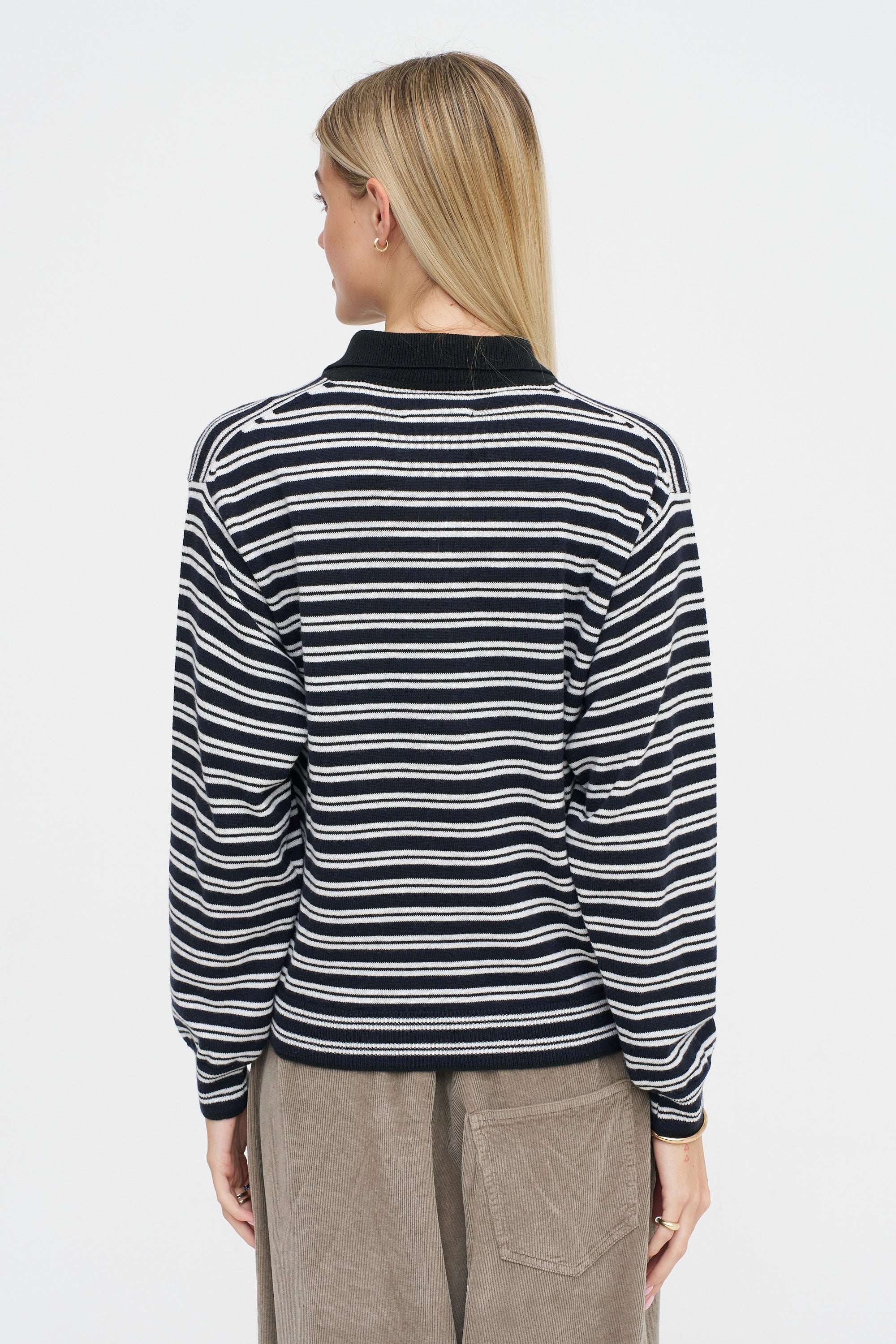 Merino Wool Striped Polo Cardigan, Black &amp; White