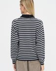 Merino Wool Striped Polo Cardigan, Black & White