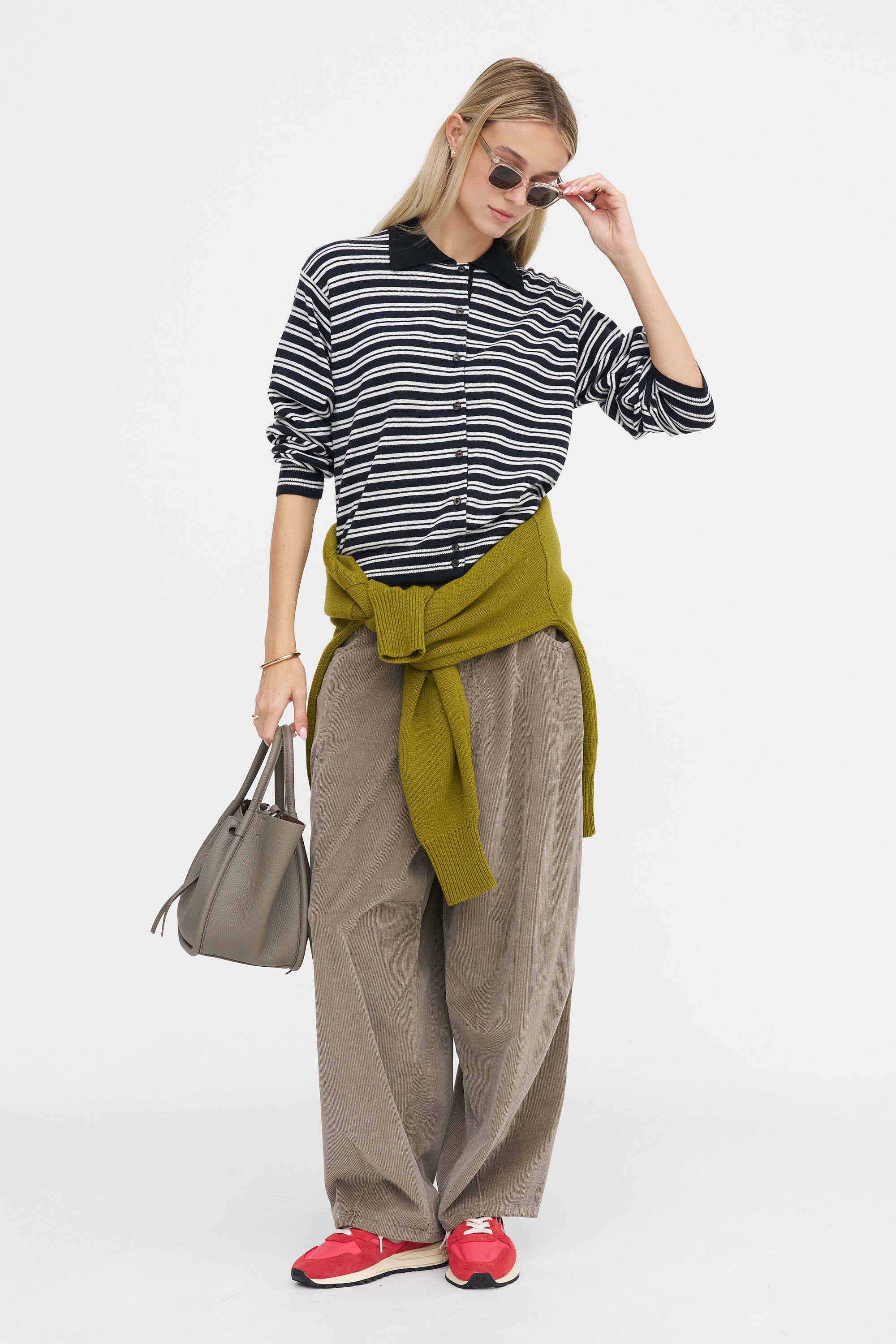 Merino Wool Striped Polo Cardigan, Black &amp; White