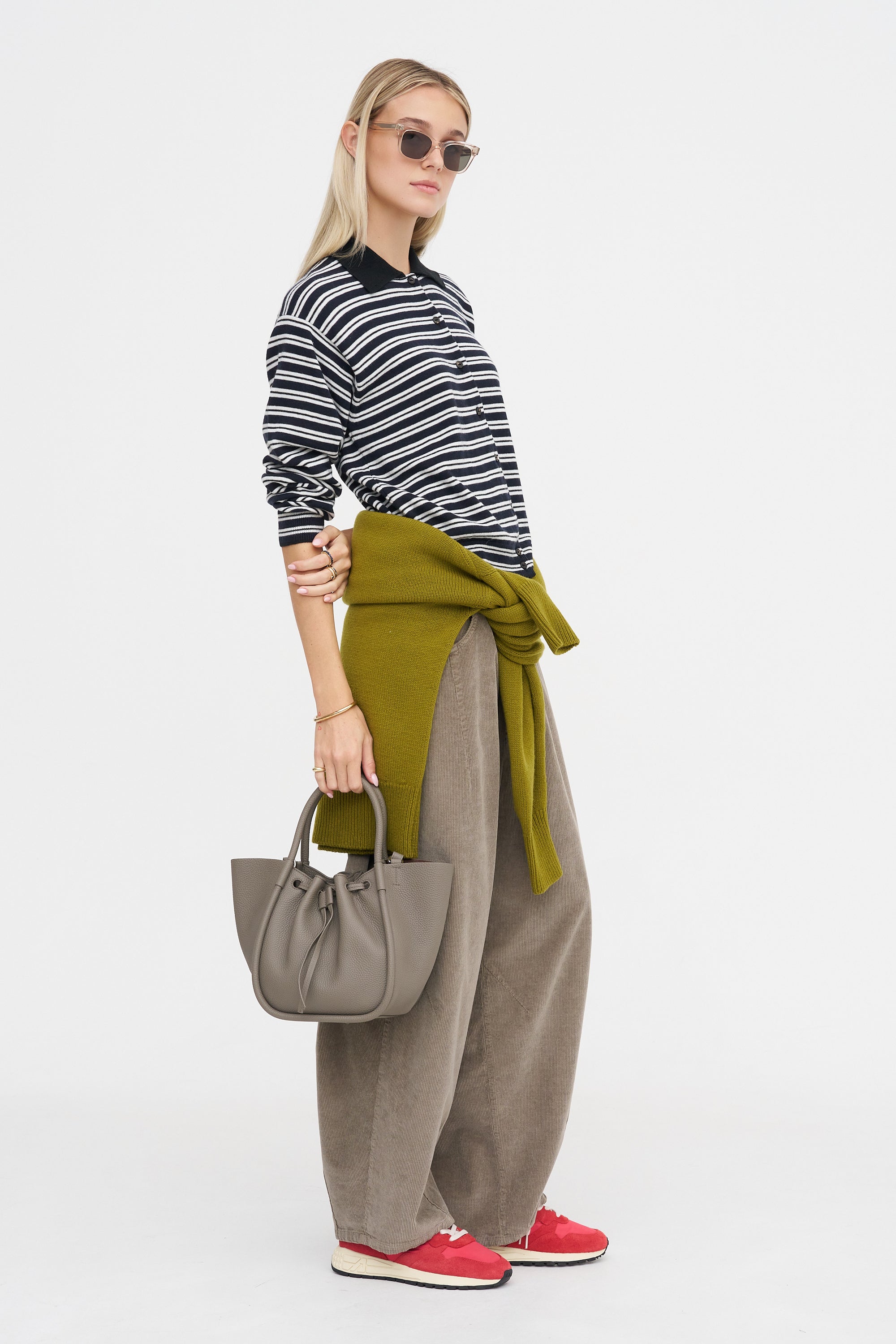 Merino Wool Striped Polo Cardigan, Black &amp; White