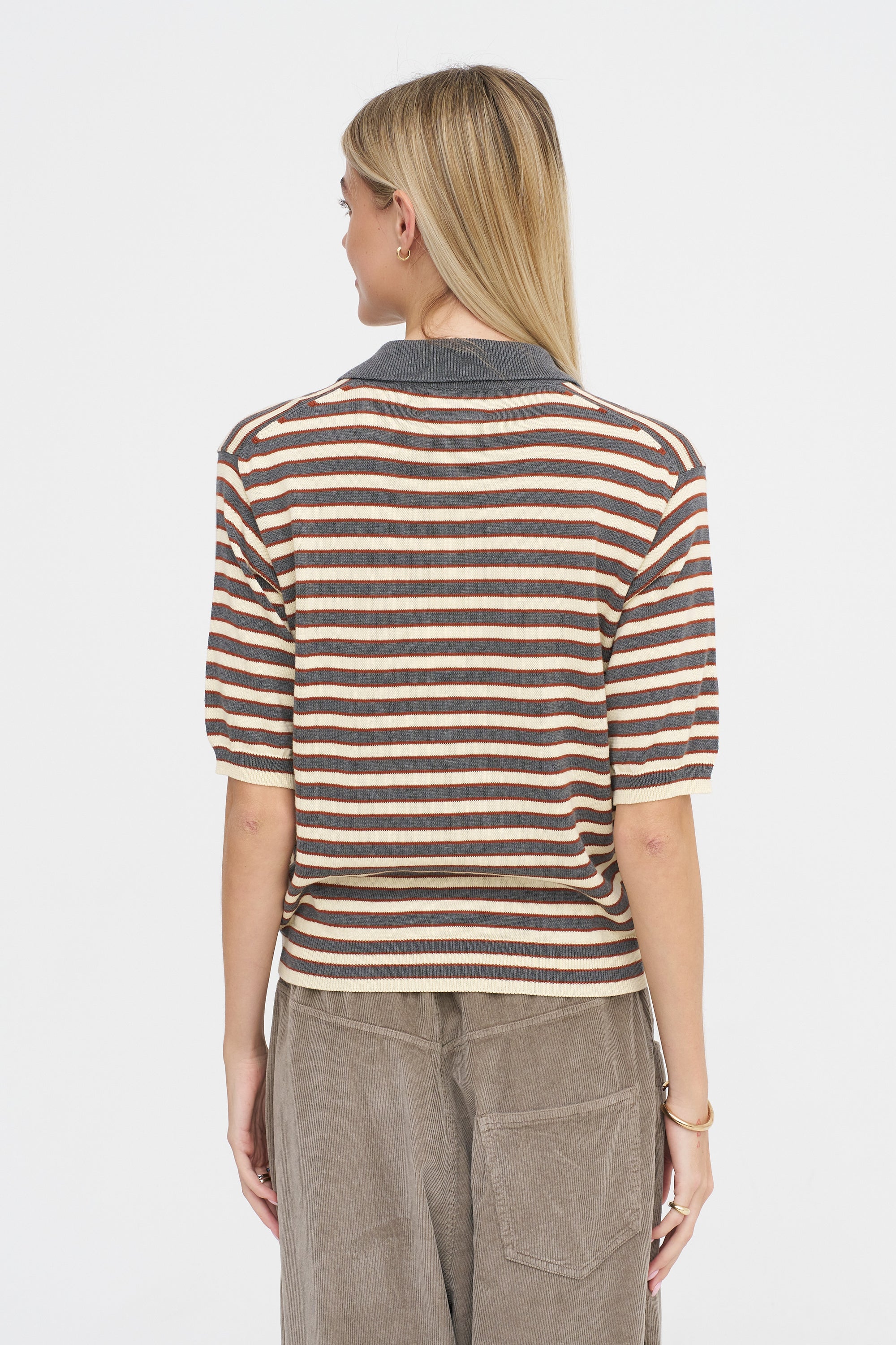 Organic Cotton Striped Polo, Grey &amp; Beige
