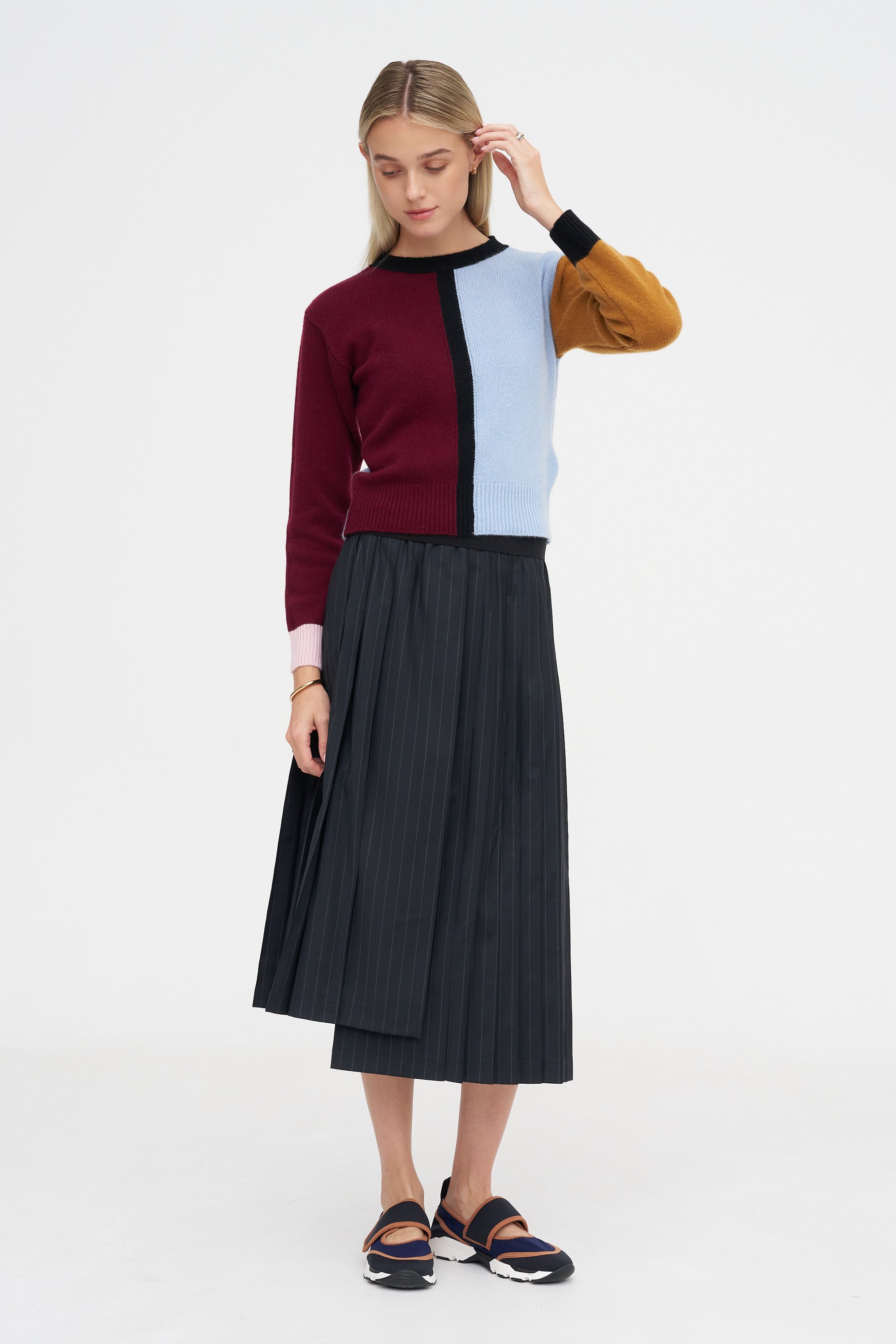 Cashmere Color-Block Sweater, Light Blue