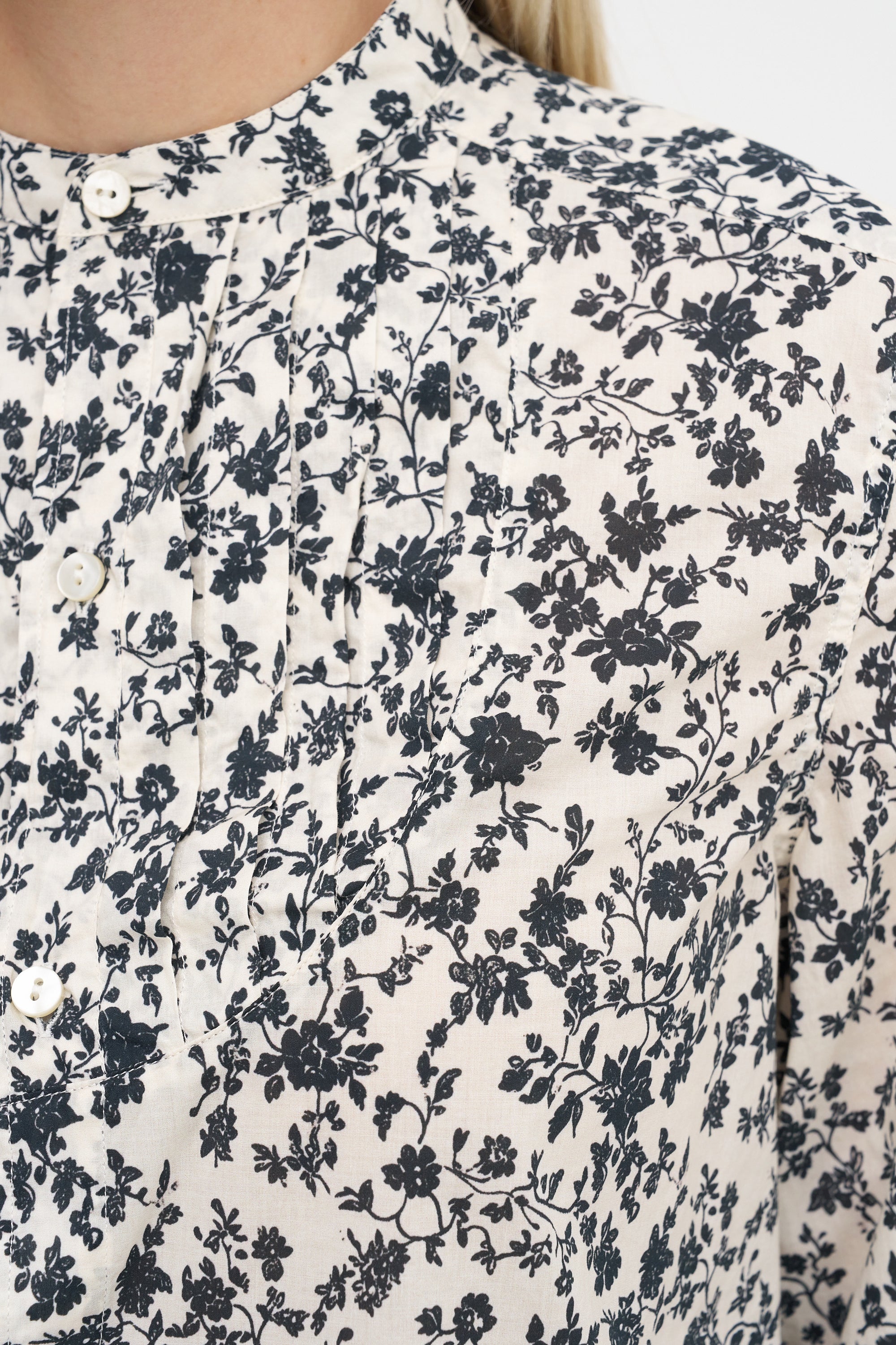 Pleated Tuxedo Front Shirt, Black Floral