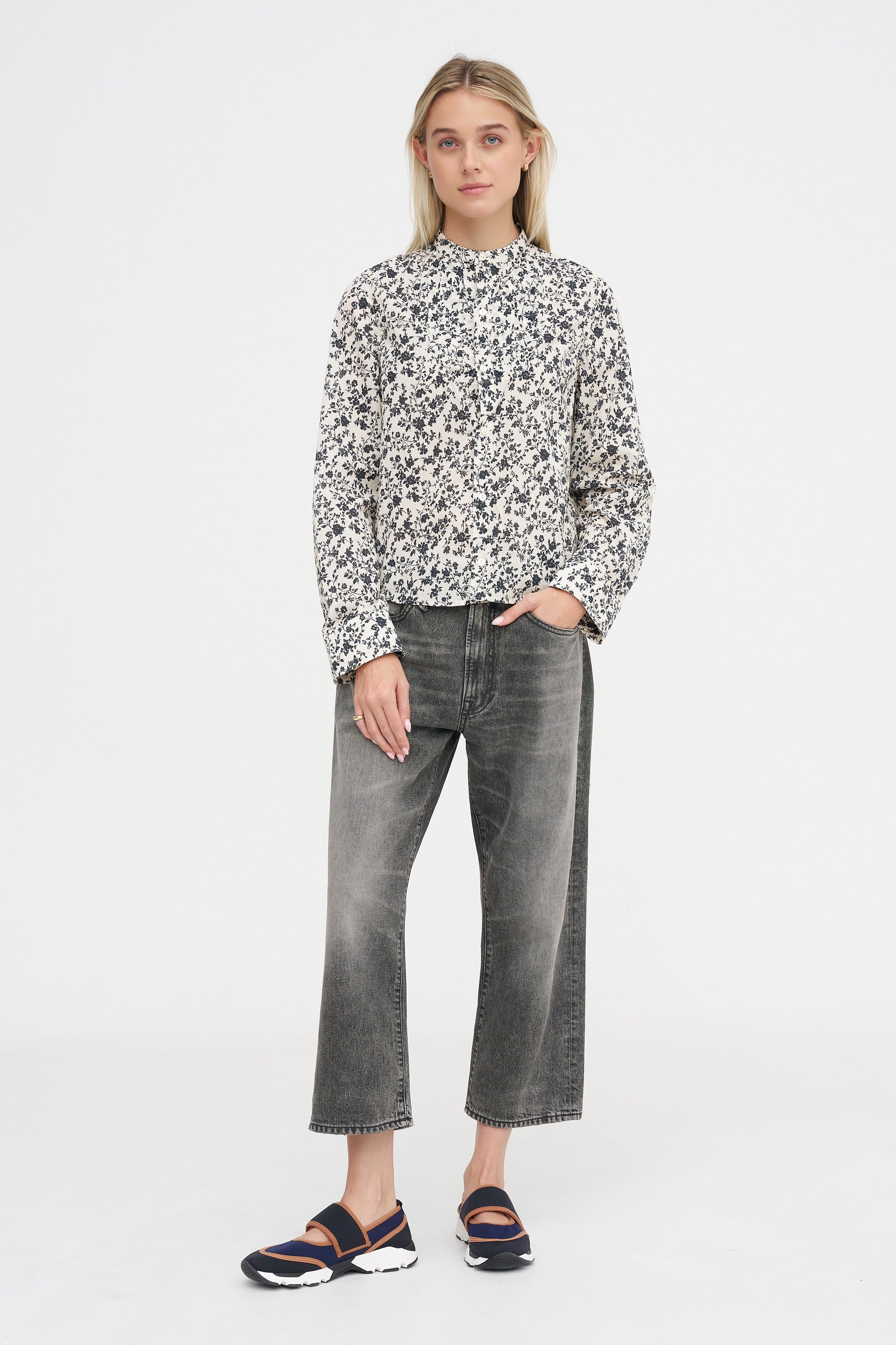 Pleated Tuxedo Front Shirt, Black Floral