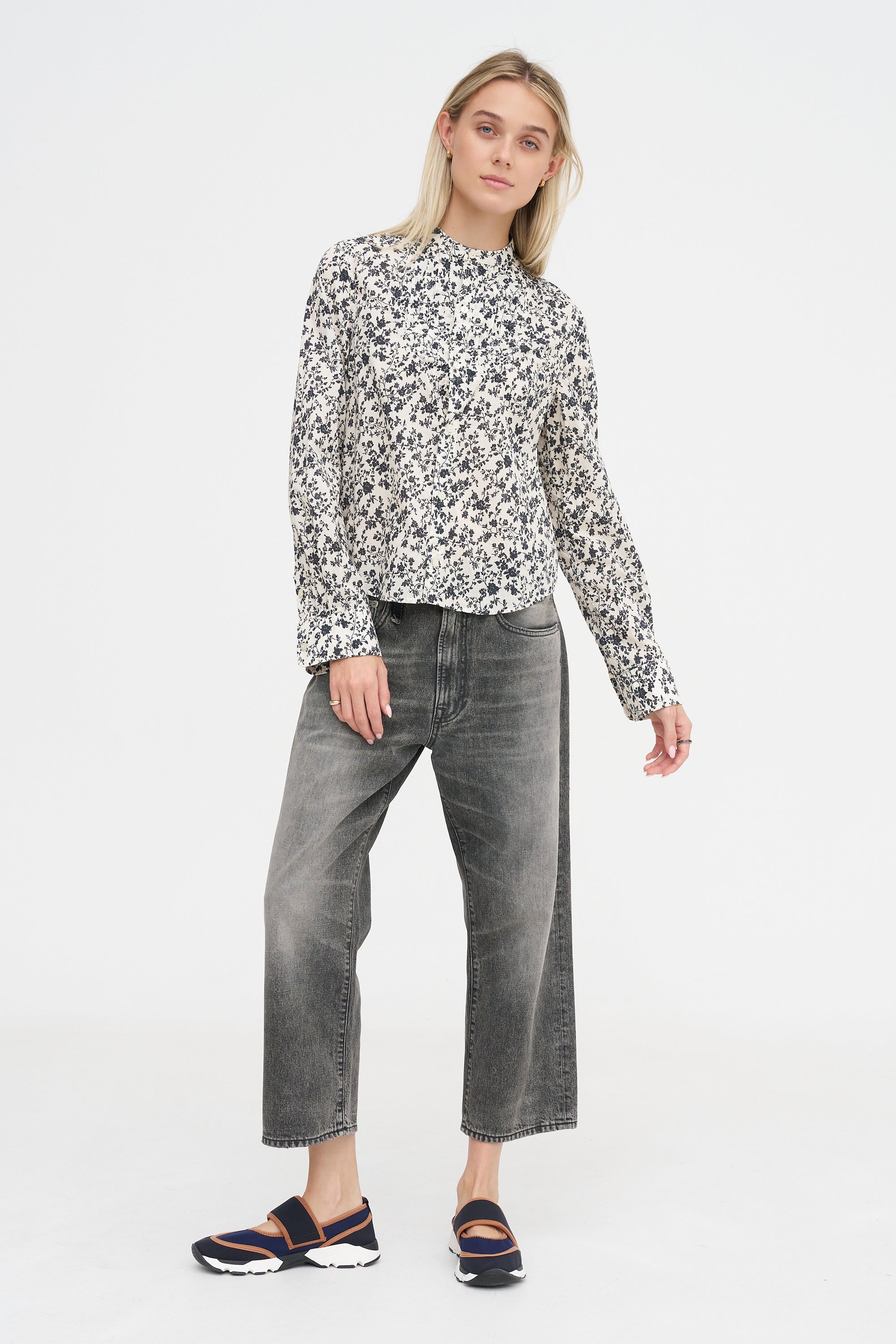 Pleated Tuxedo Front Shirt, Black Floral