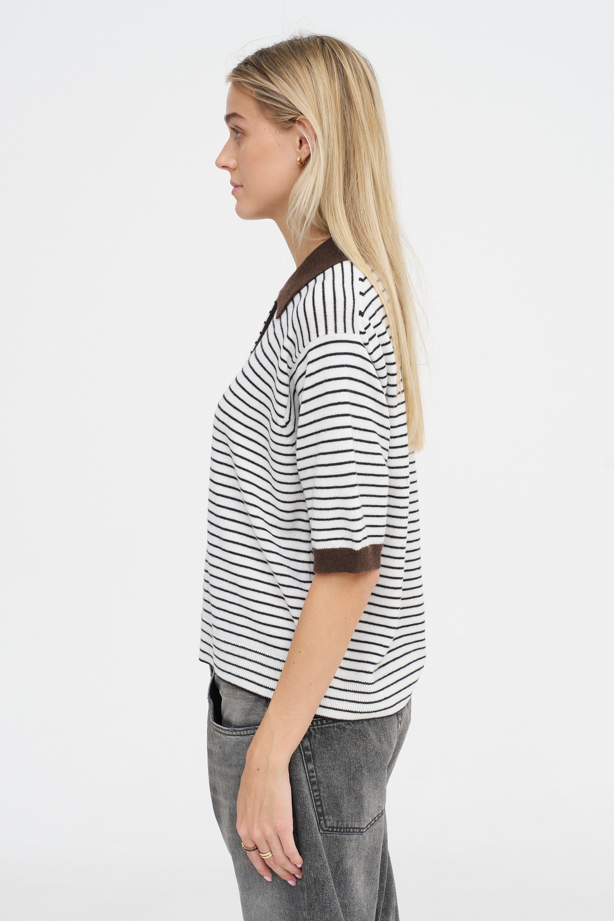 Merino Wool Striped Polo, Brown &amp; White