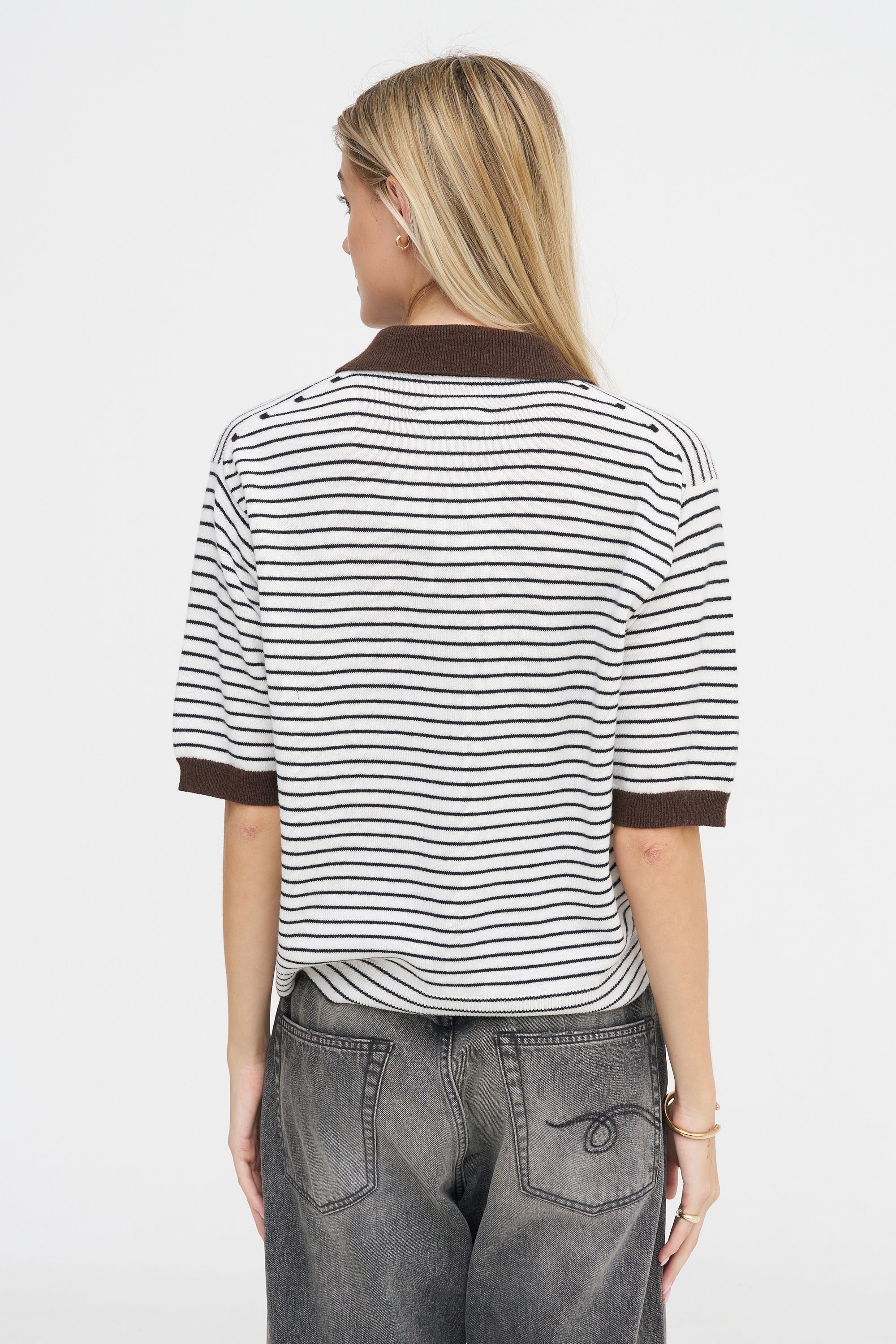 Merino Wool Striped Polo, Brown &amp; White