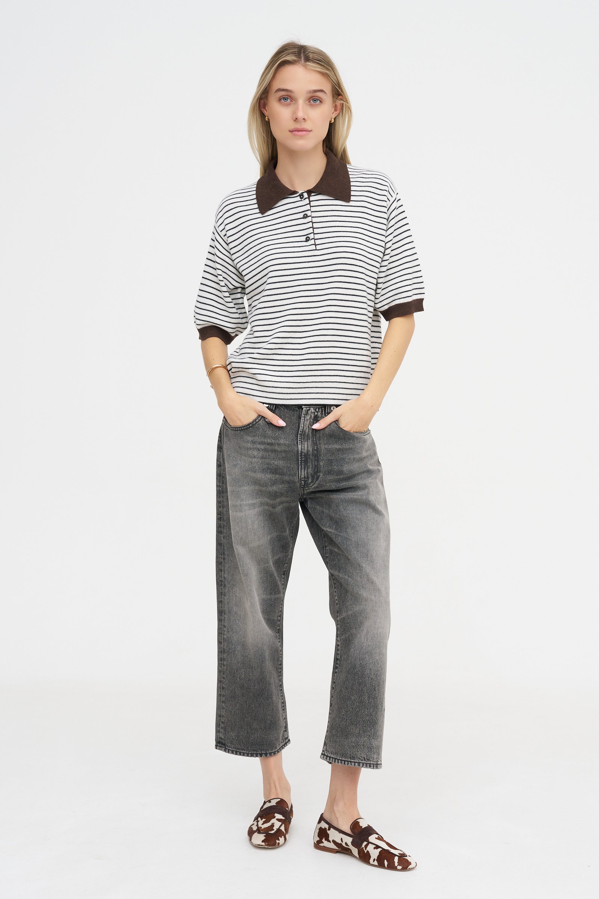 Merino Wool Striped Polo, Brown &amp; White