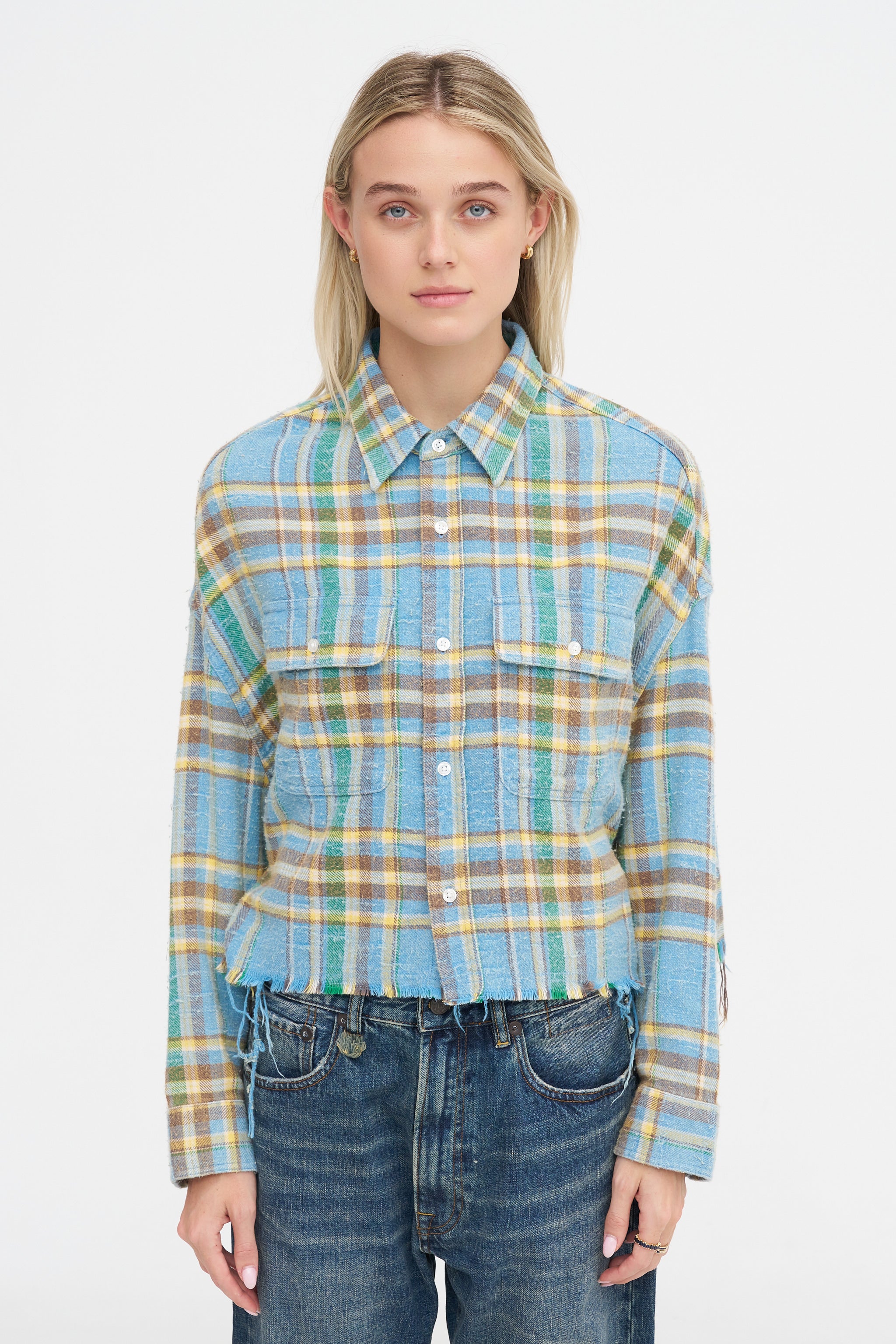 R13 Cropped Work Shirt, Light Blue Plaid – Kick Pleat