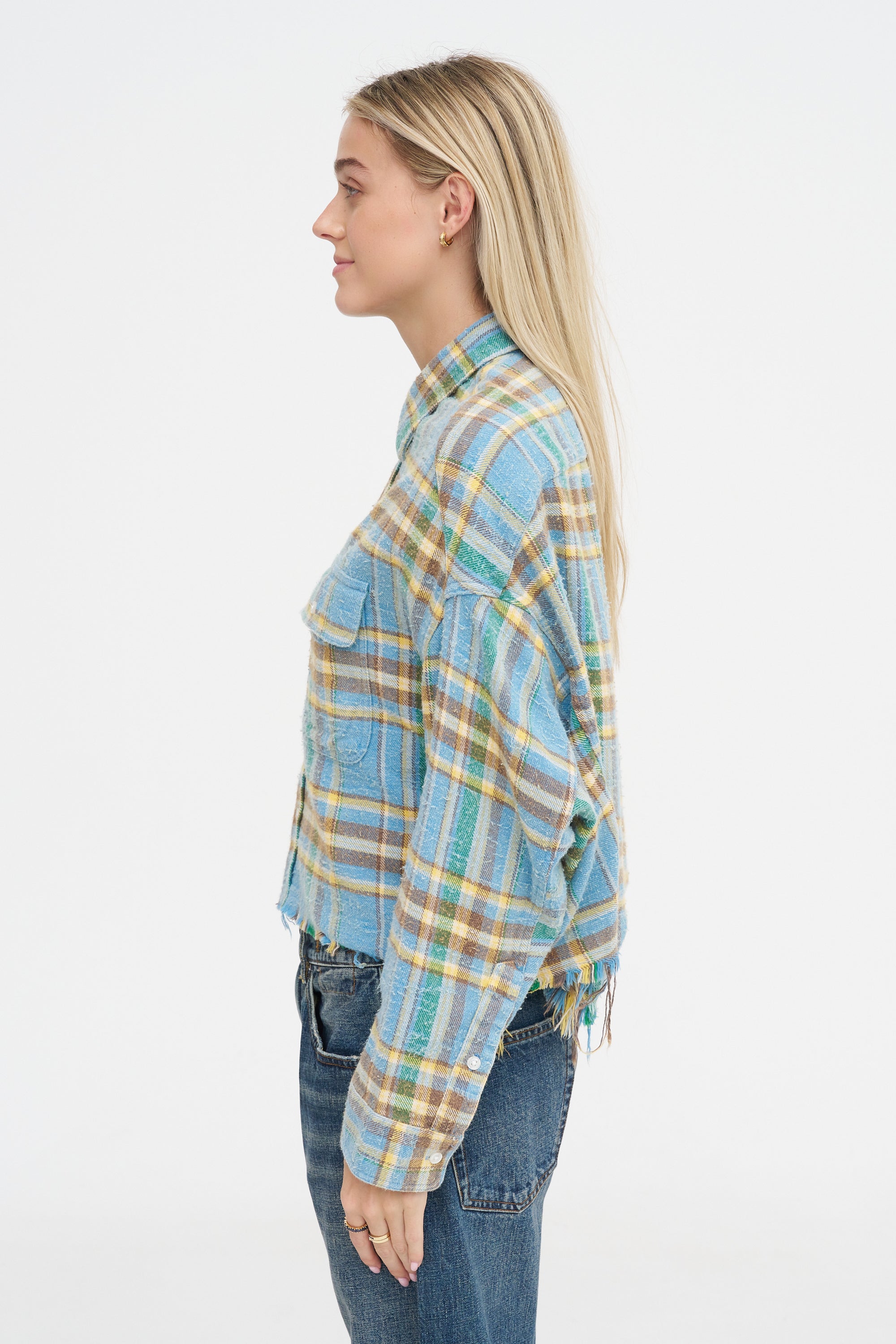 Cropped Work Shirt, Light Blue Plaid