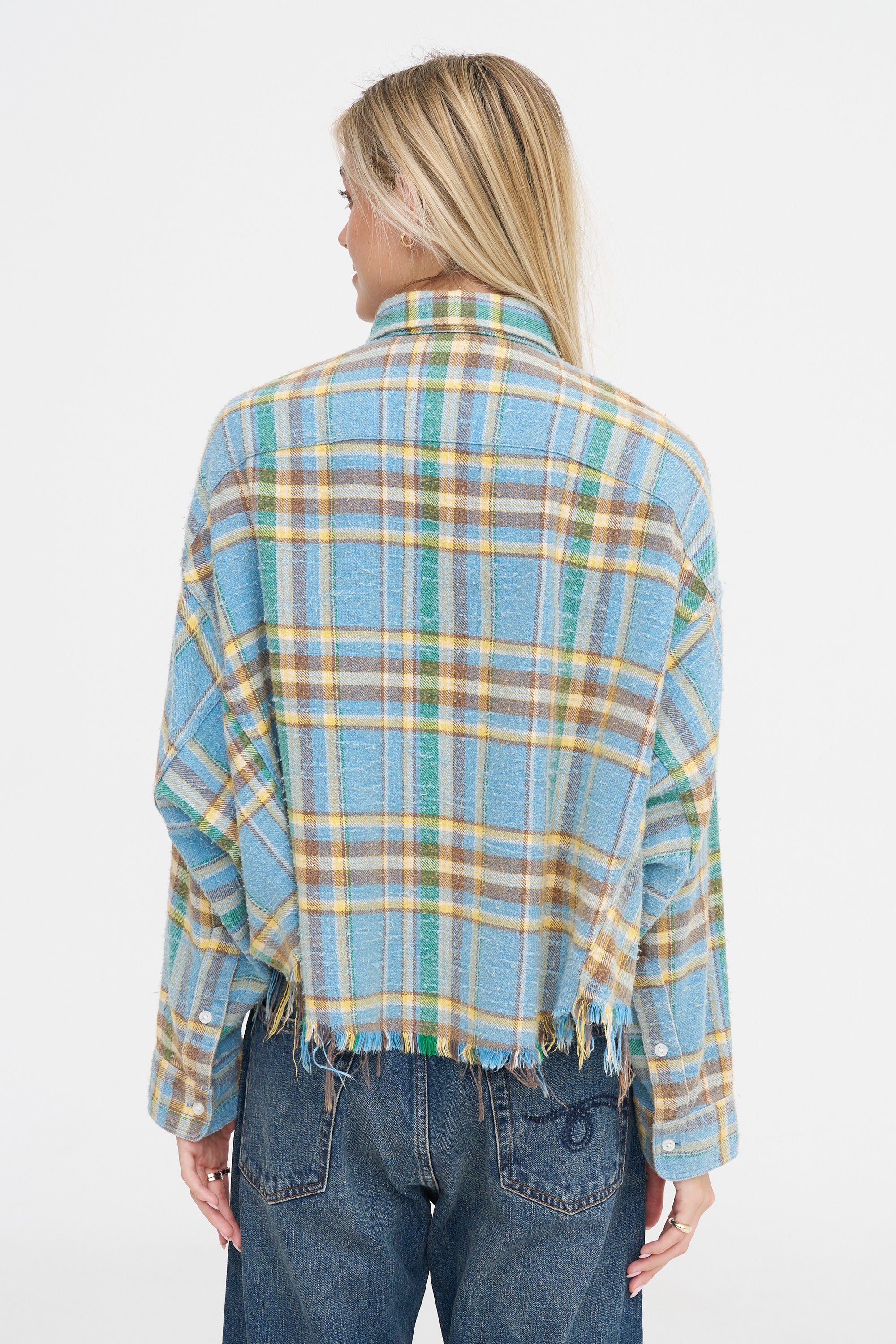 Cropped Work Shirt, Light Blue Plaid