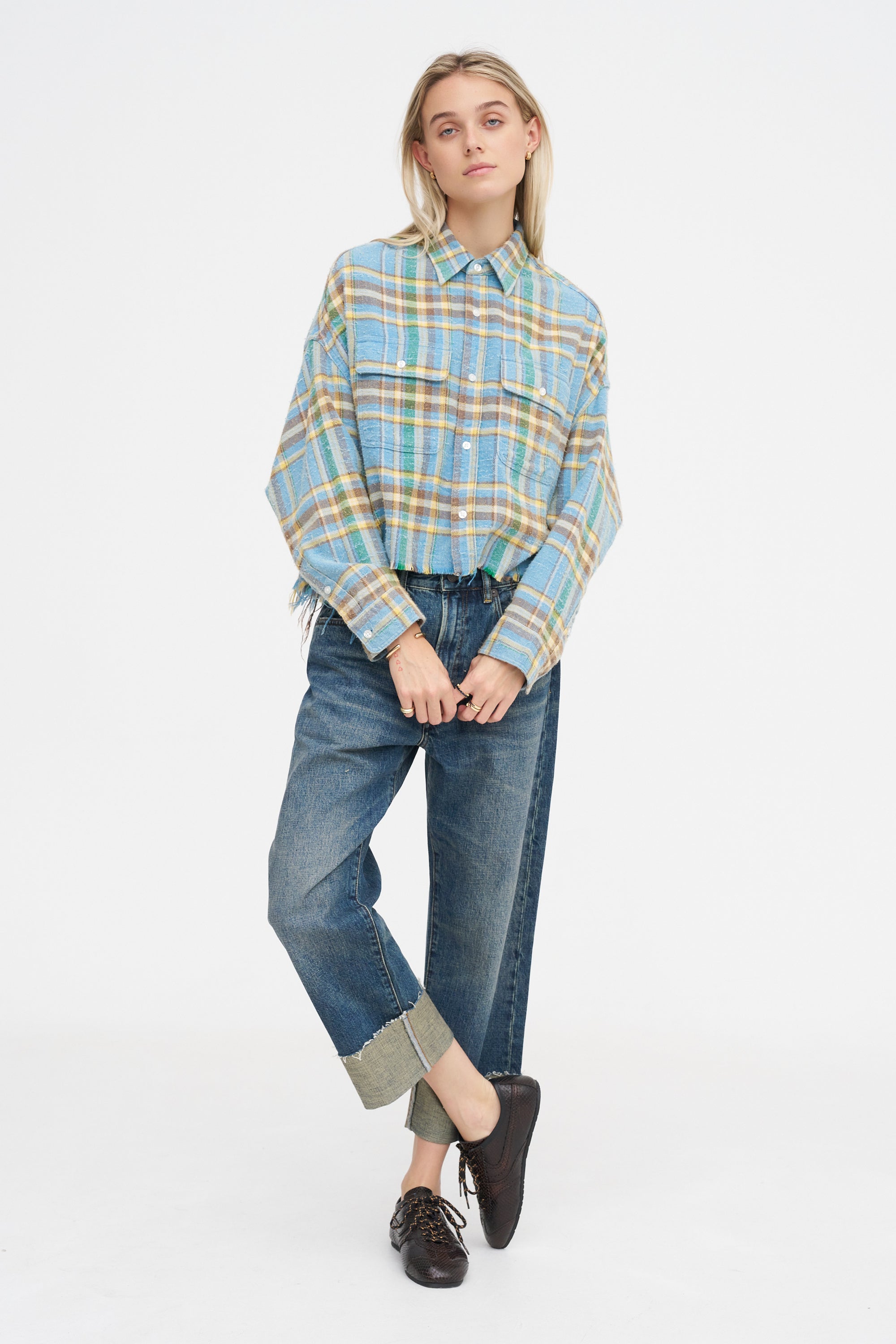 Cropped Work Shirt, Light Blue Plaid
