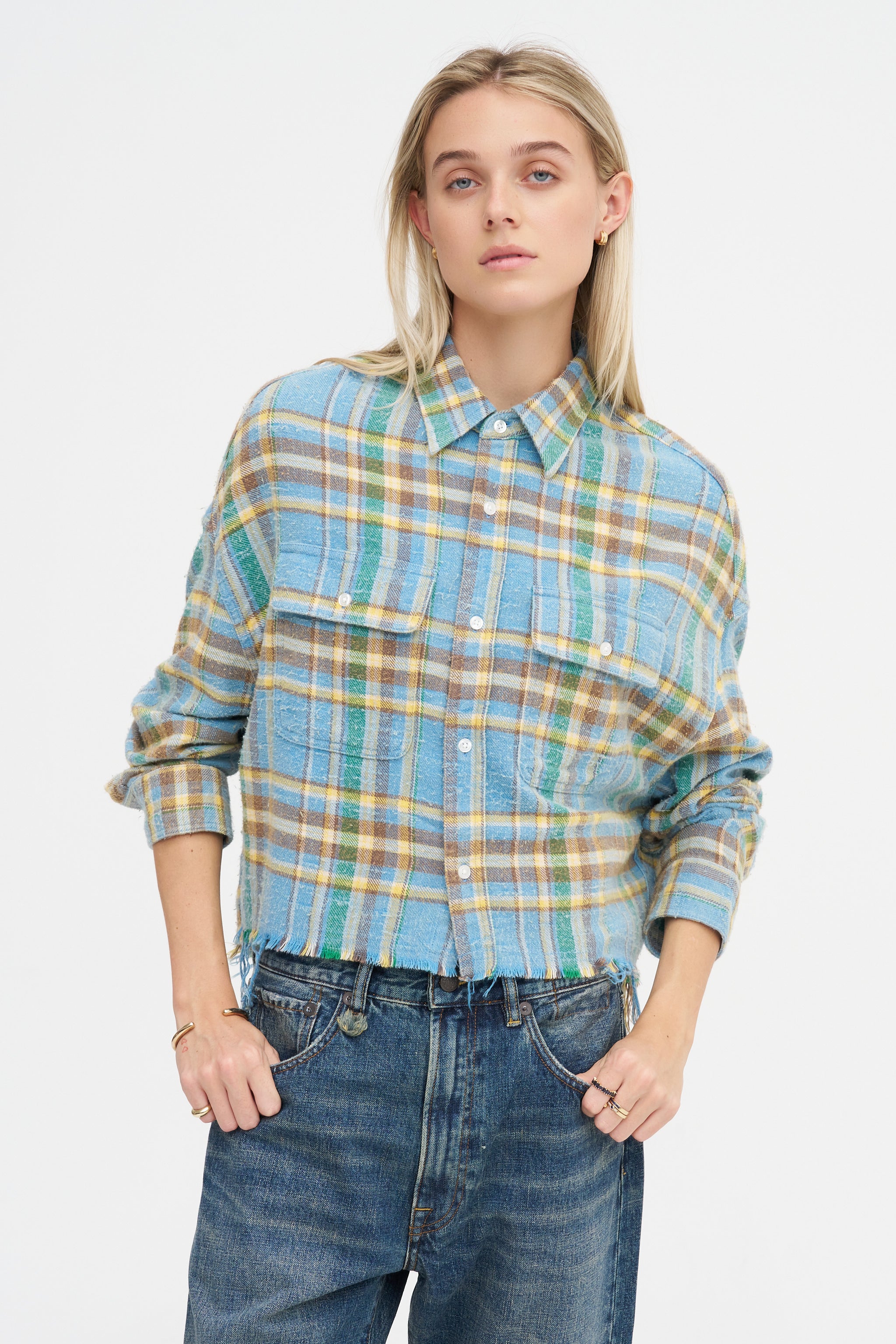 R13 Cropped Work Shirt, Light Blue Plaid – Kick Pleat