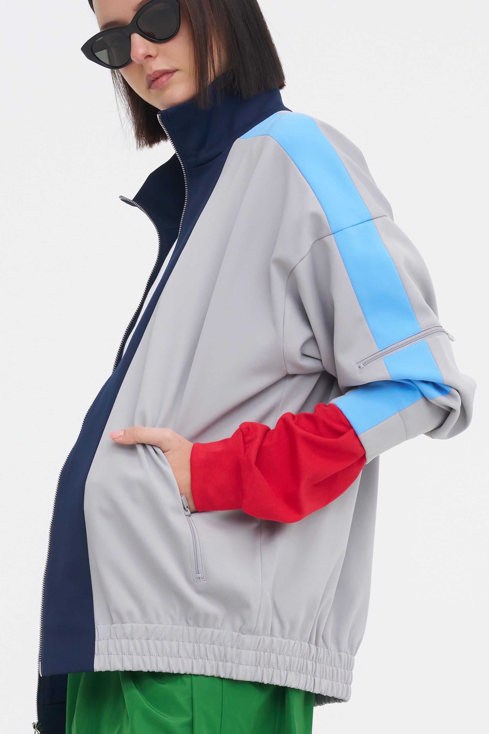 Tibi Compact Tech Knit Bomber, Light Grey Multi – Kick Pleat