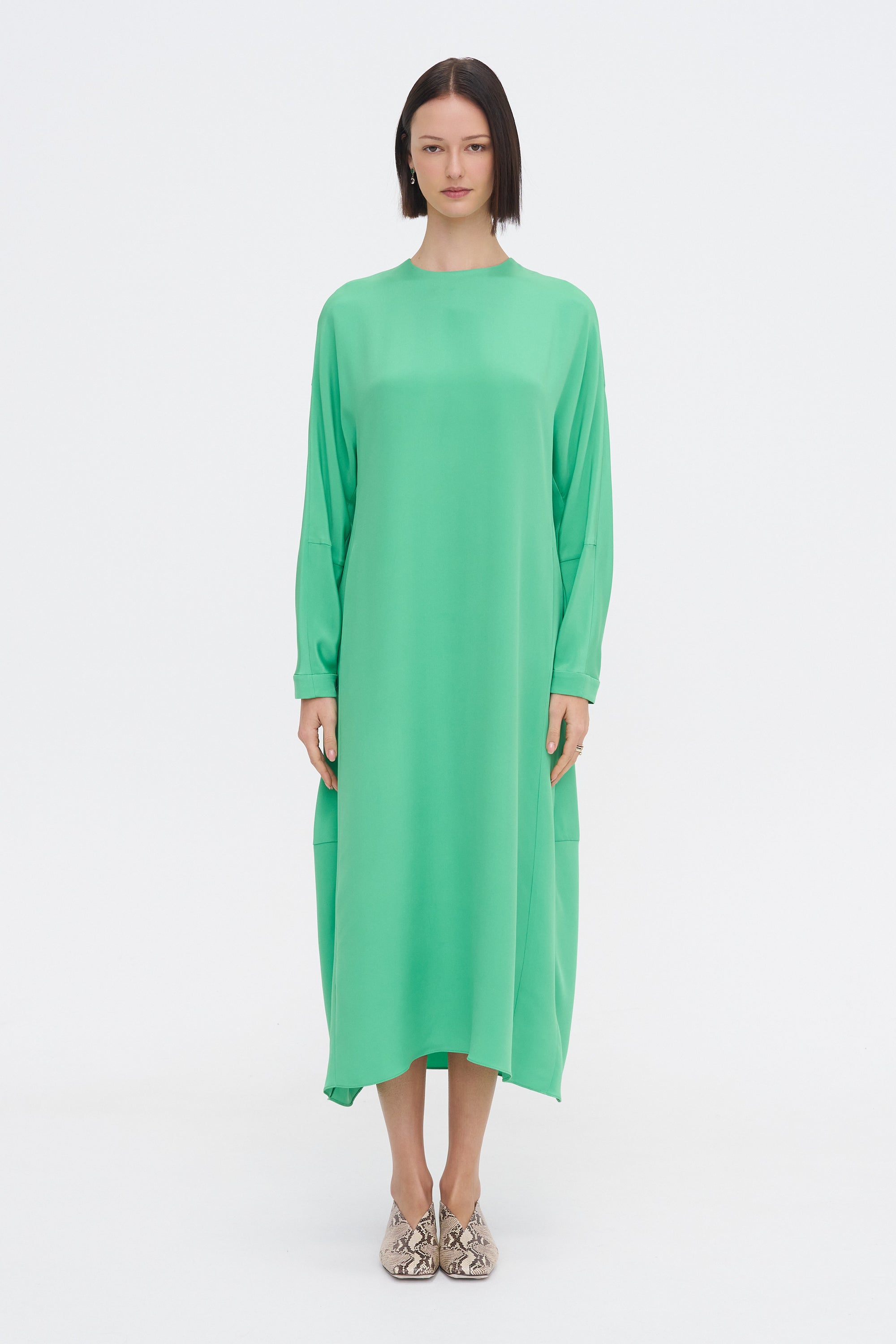 Tibi 4-Ply Silk Long Sleeve Cocoon Dress, Green Kick Pleat Tibi 4-Ply Silk Long Sleeve Cocoon Dress, Green Kick Pleat