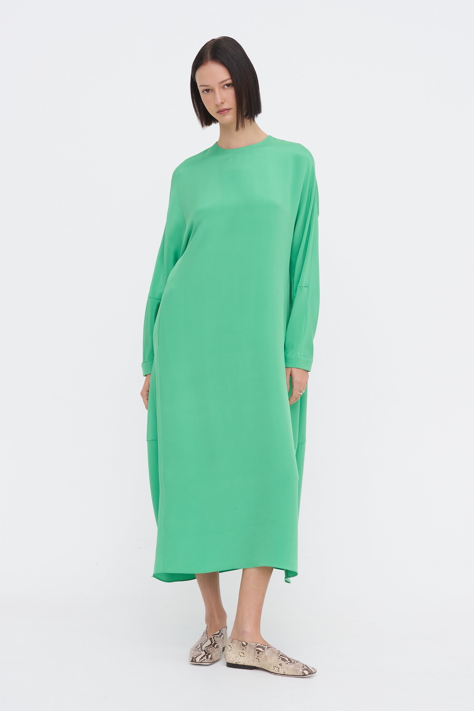 4-Ply Silk Long Sleeve Cocoon Dress, Green