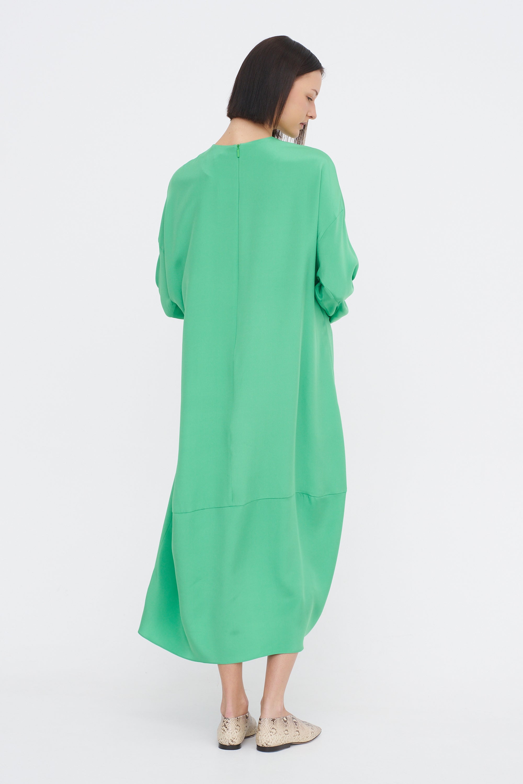 Tibi 4-Ply Silk Long Sleeve Cocoon Dress, Green Kick Pleat Tibi 4-Ply Silk Long Sleeve Cocoon Dress, Green Kick Pleat
