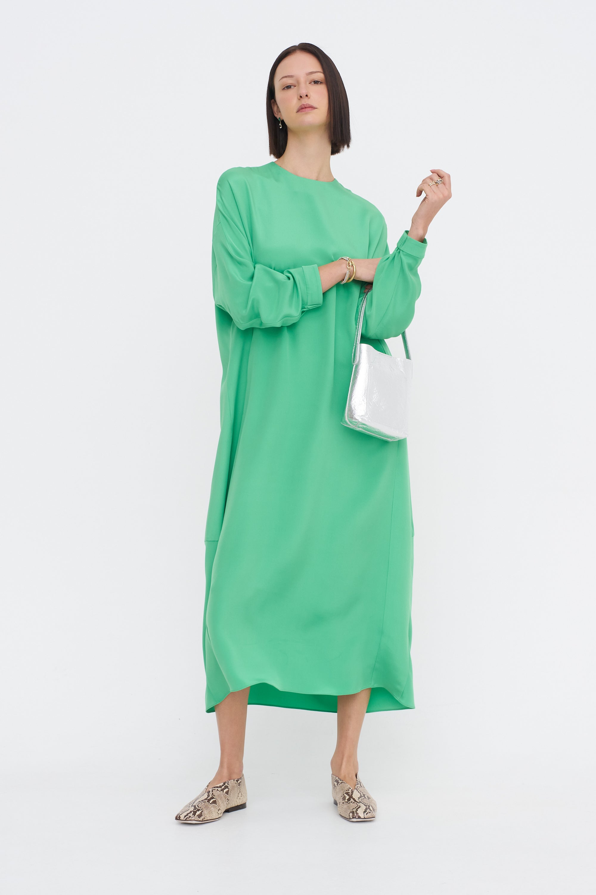 Tibi 4-Ply Silk Long Sleeve Cocoon Dress, Green Kick Pleat Tibi 4-Ply Silk Long Sleeve Cocoon Dress, Green Kick Pleat