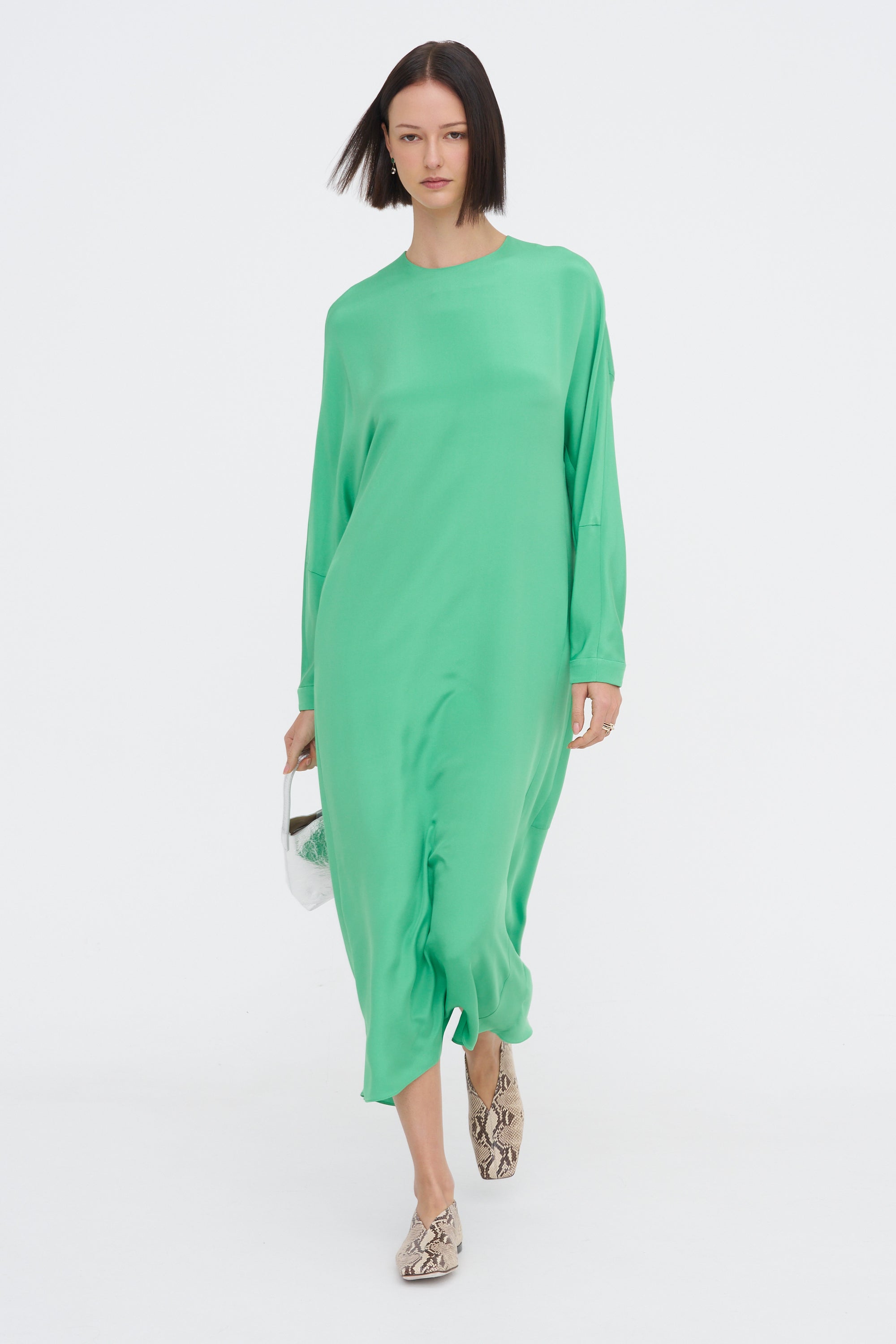 Tibi 4-Ply Silk Long Sleeve Cocoon Dress, Green Kick Pleat Tibi 4-Ply Silk Long Sleeve Cocoon Dress, Green Kick Pleat