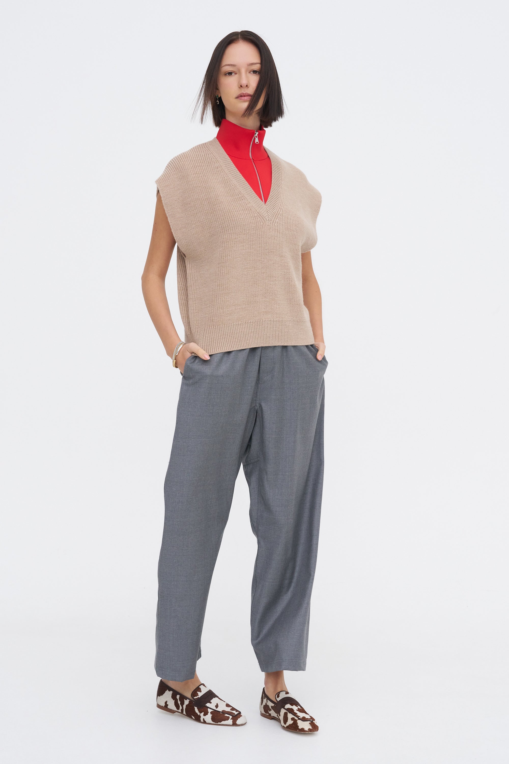 Cardigan Stitch Sweater Vest With Removable Dickie, Latte