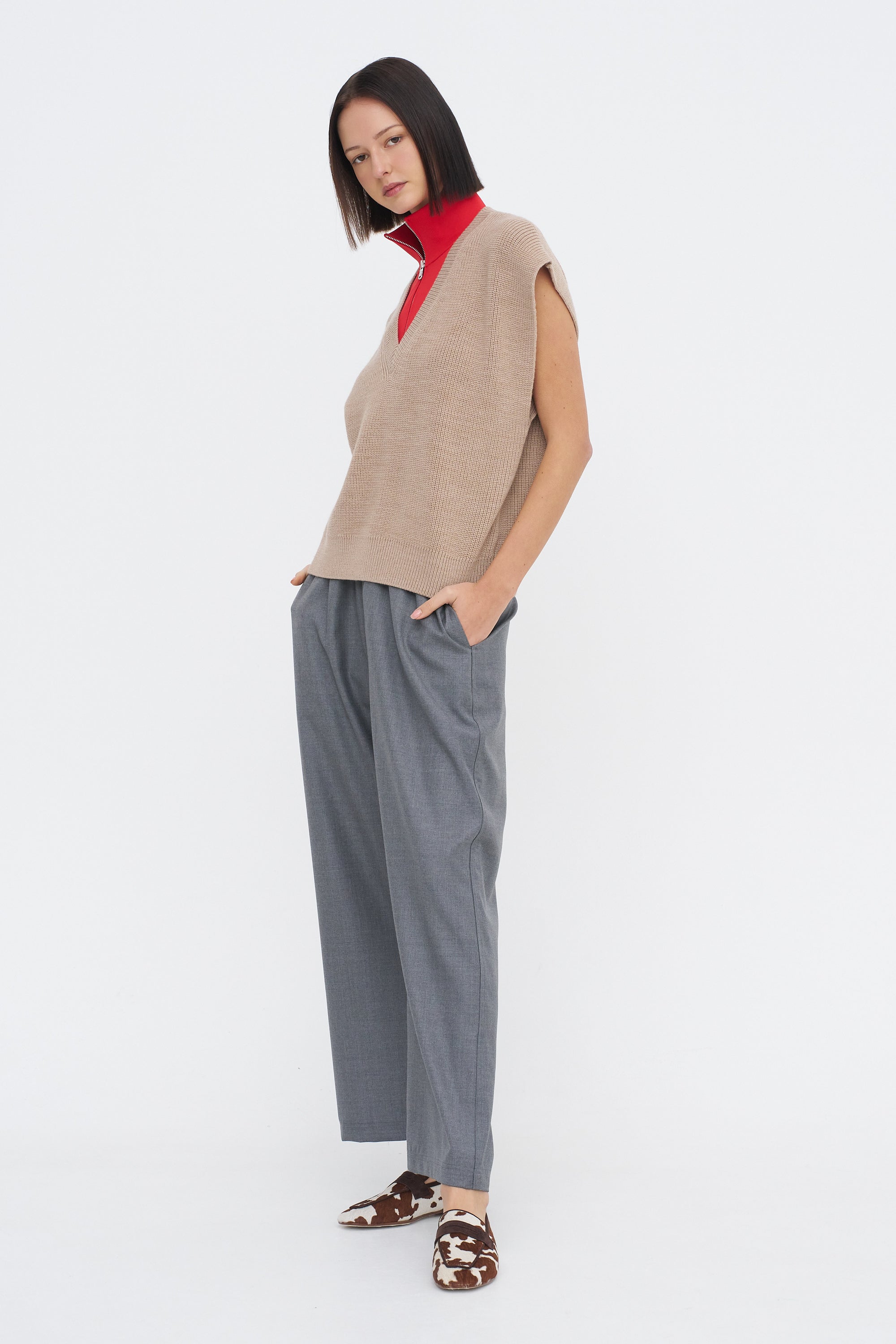 Cardigan Stitch Sweater Vest With Removable Dickie, Latte