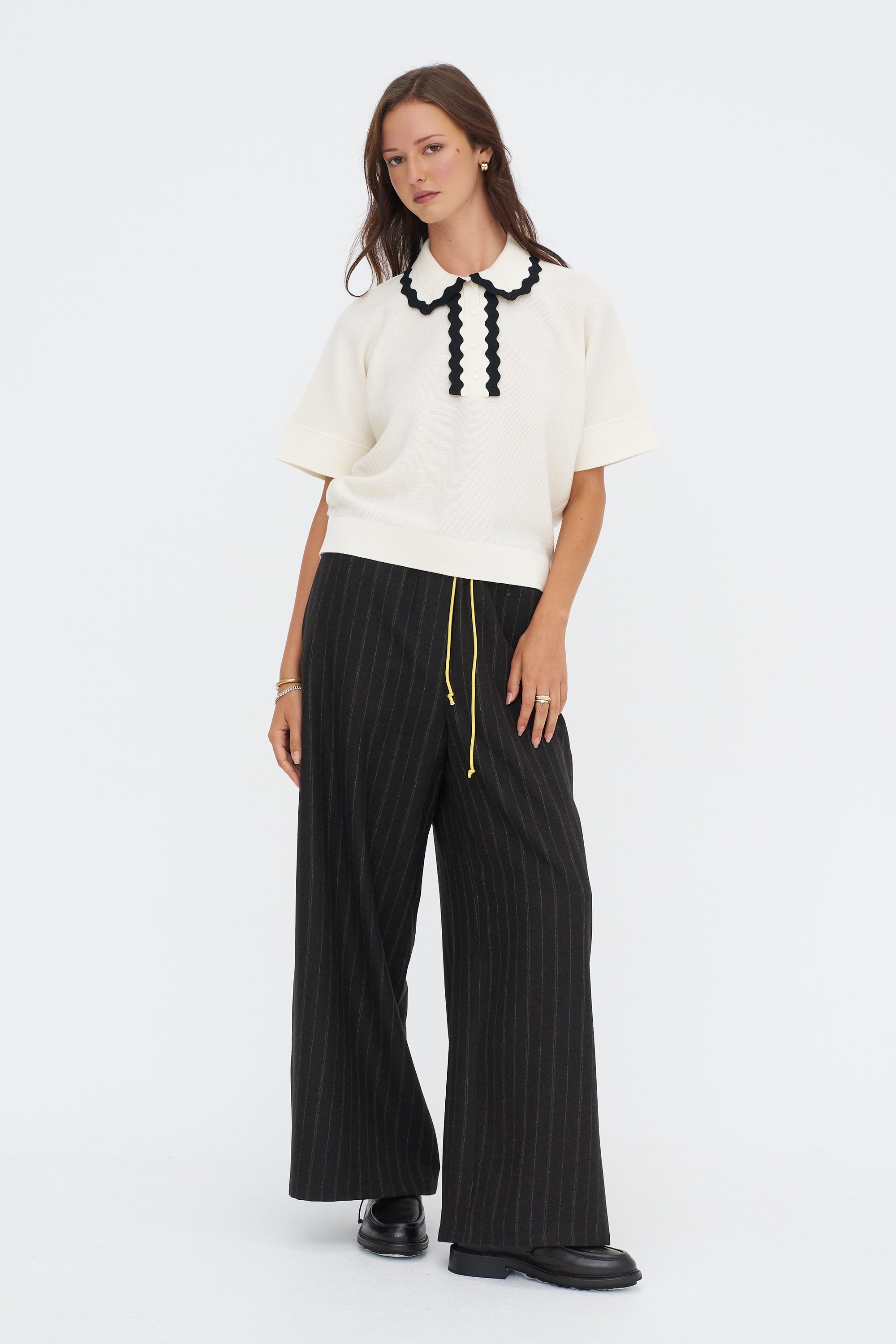 Duc - Elbow-length Knit Top, Natural &amp; Deep Black