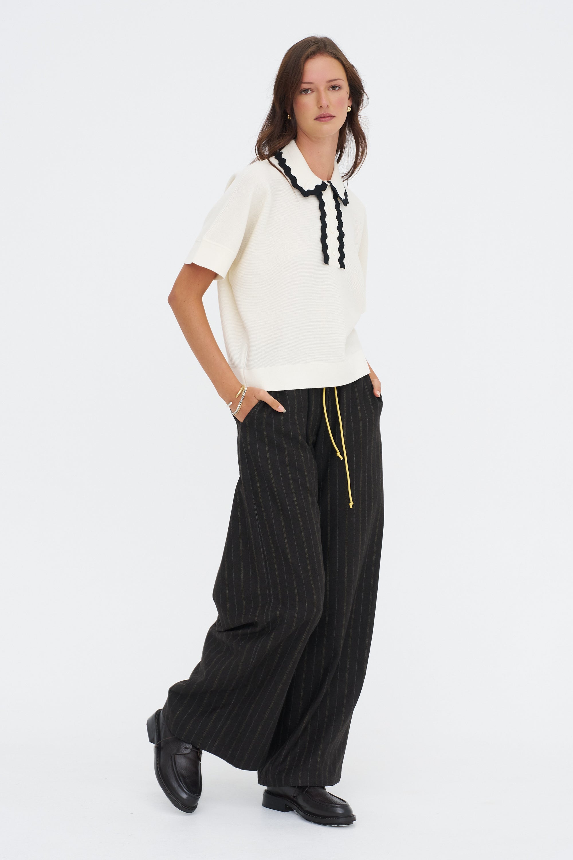 Duc - Elbow-length Knit Top, Natural &amp; Deep Black