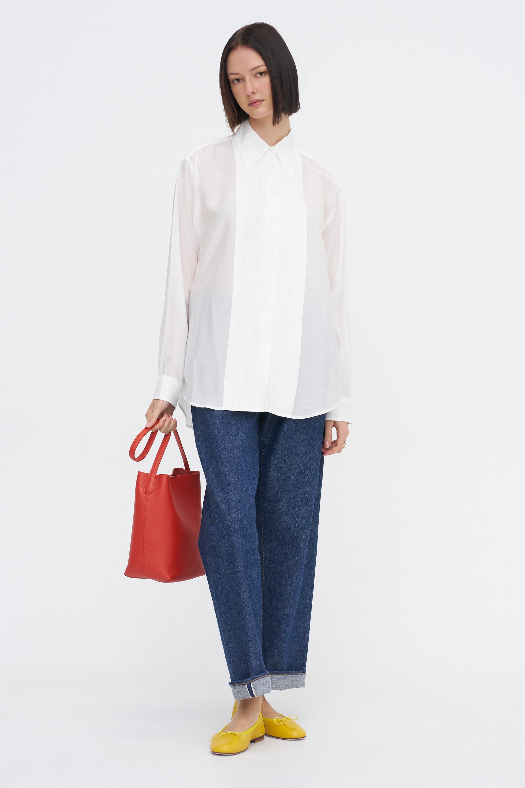 Silk Voile Easy Pintucked Shirt, Ivory