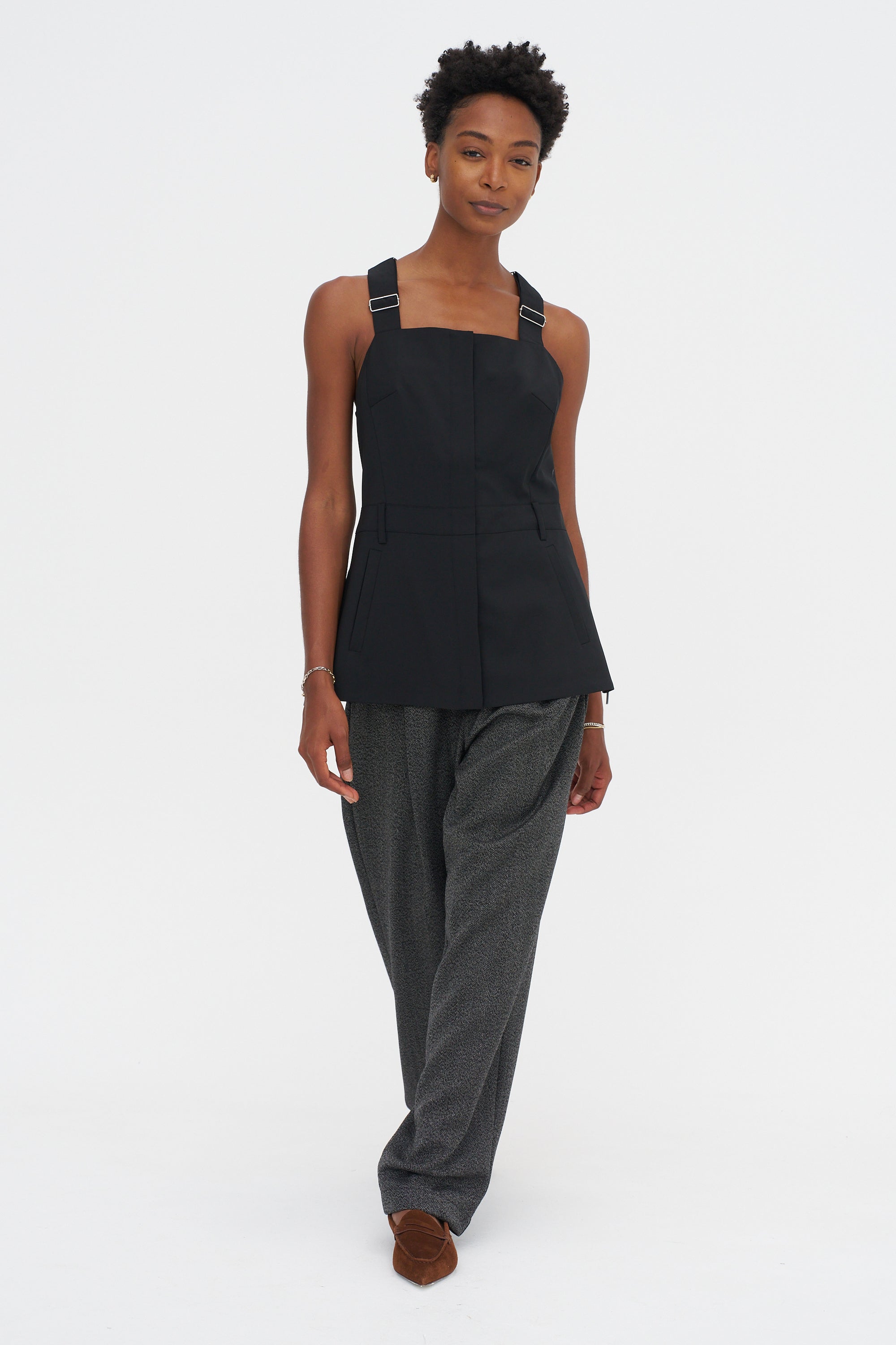 Recycled Tropical Wool Overall Top, Black