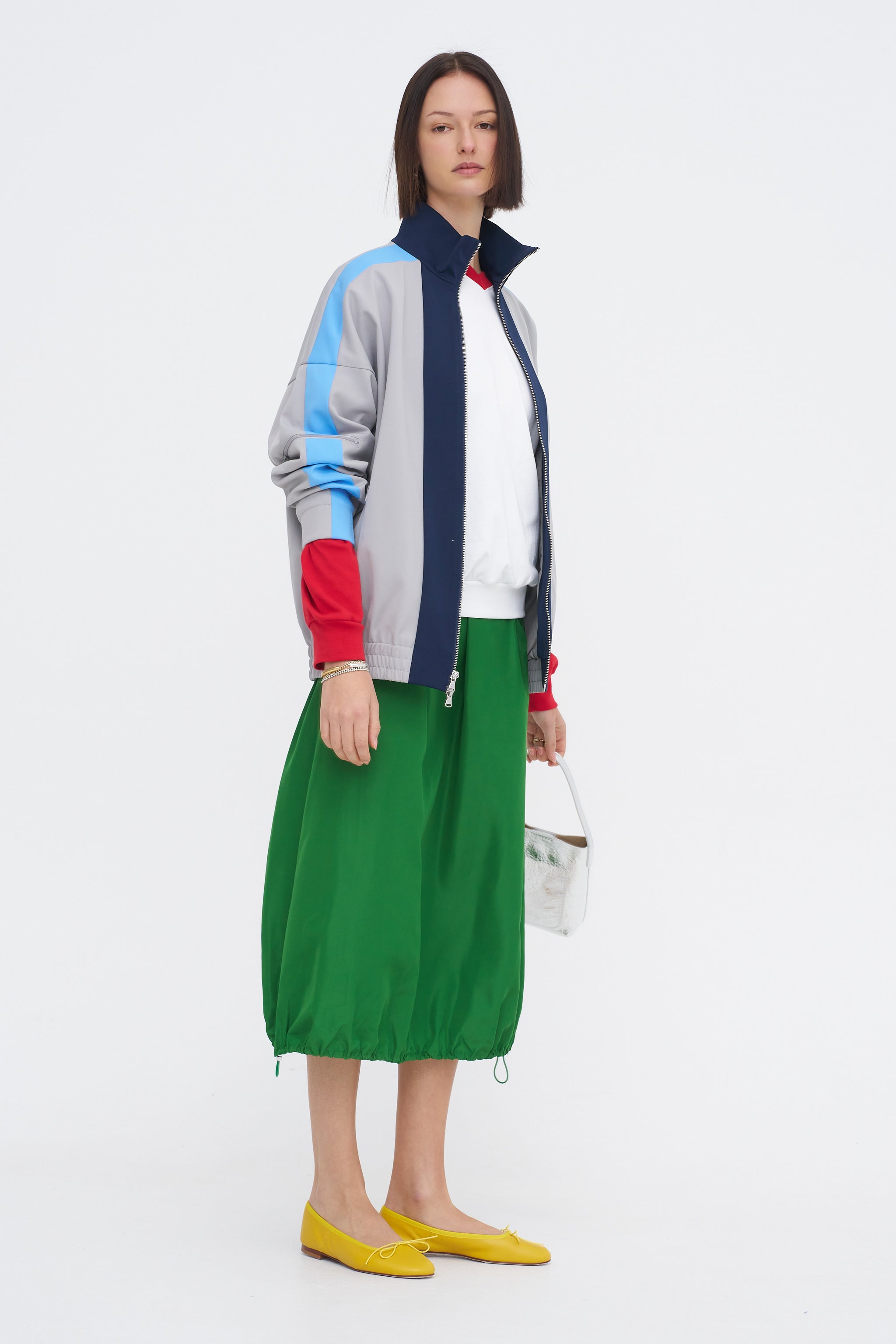 Tibi Compact Tech Knit Bomber, Light Grey Multi – Kick Pleat