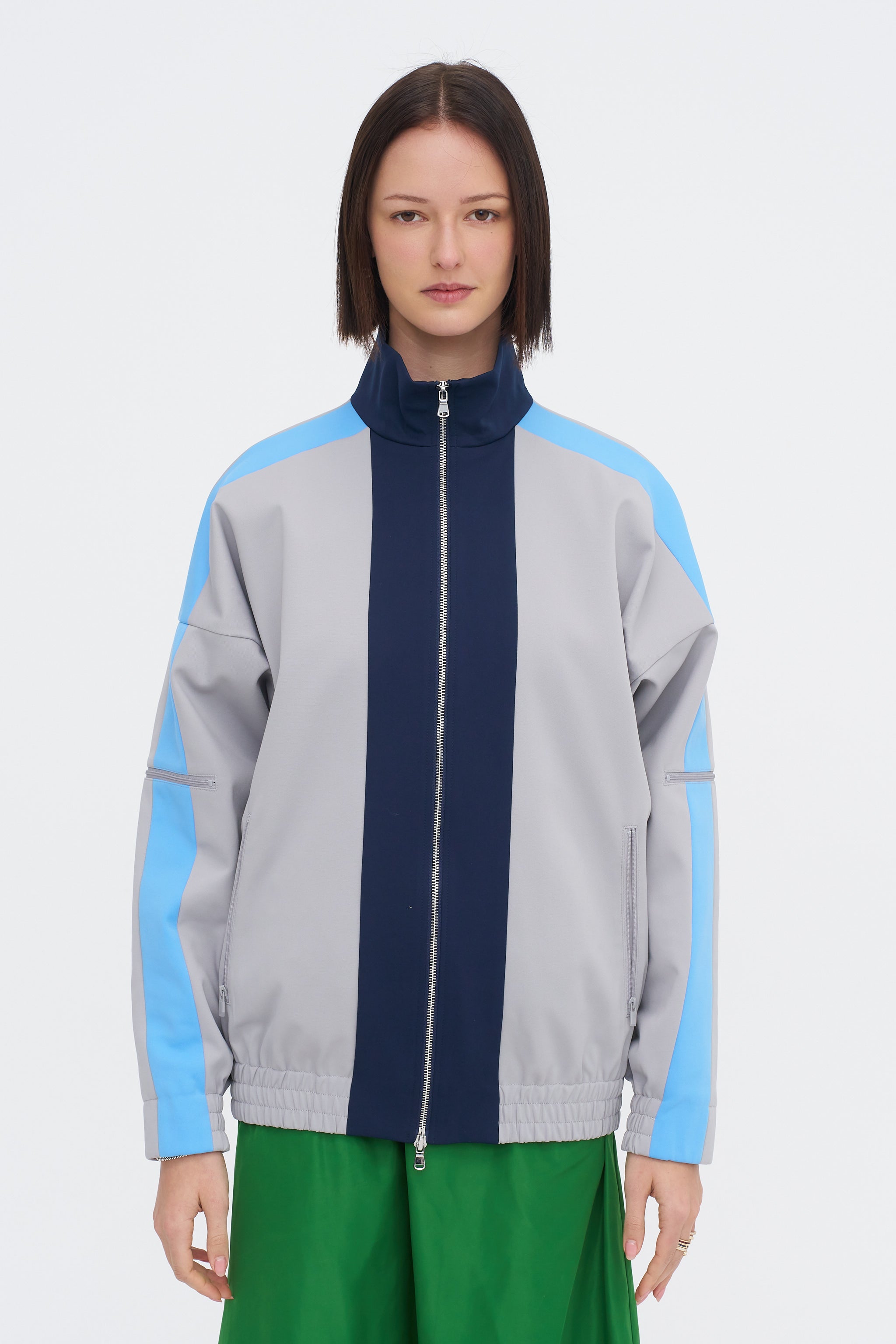 Tibi Compact Tech Knit Bomber, Light Grey Multi – Kick Pleat