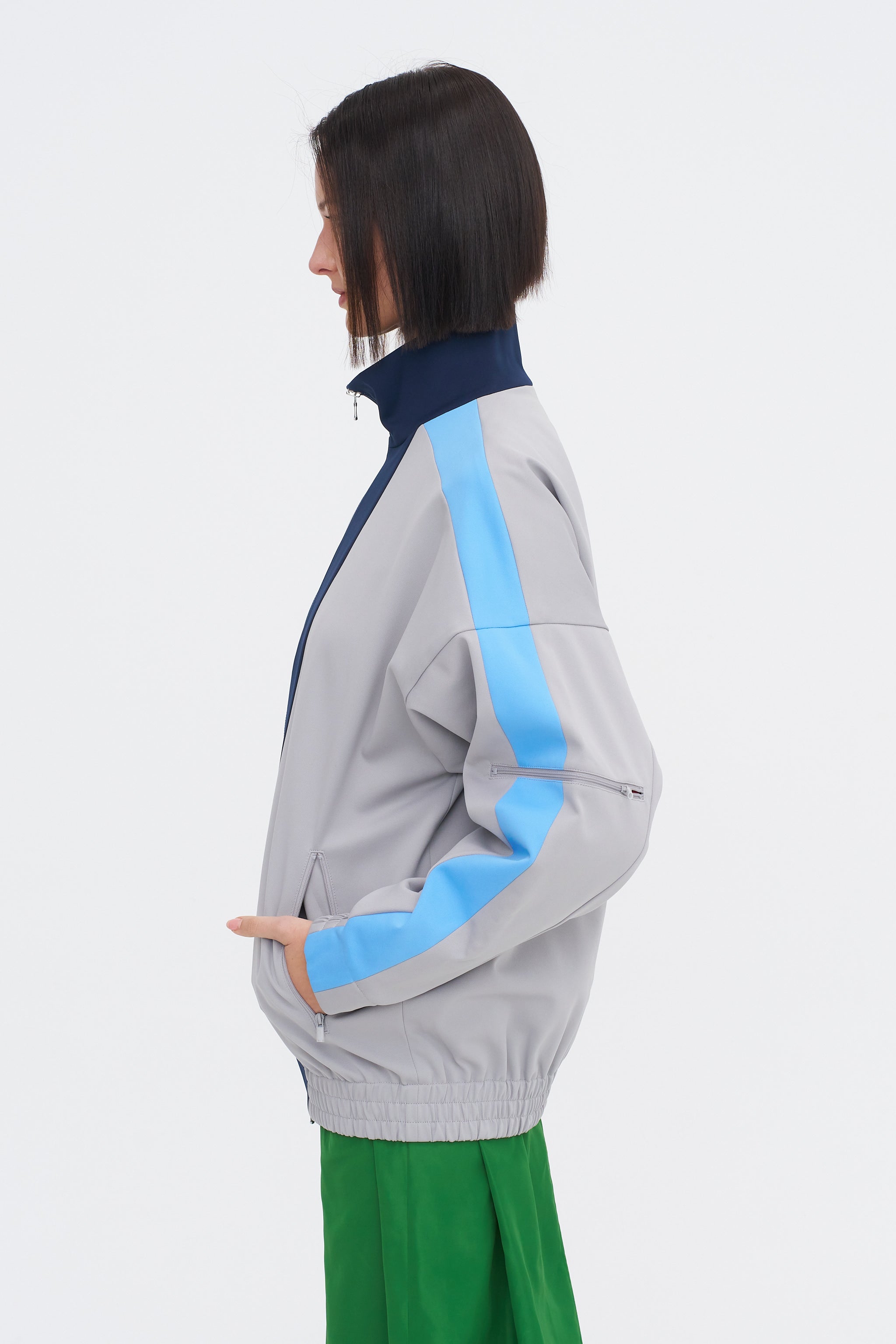Tibi Compact Tech Knit Bomber, Light Grey Multi – Kick Pleat