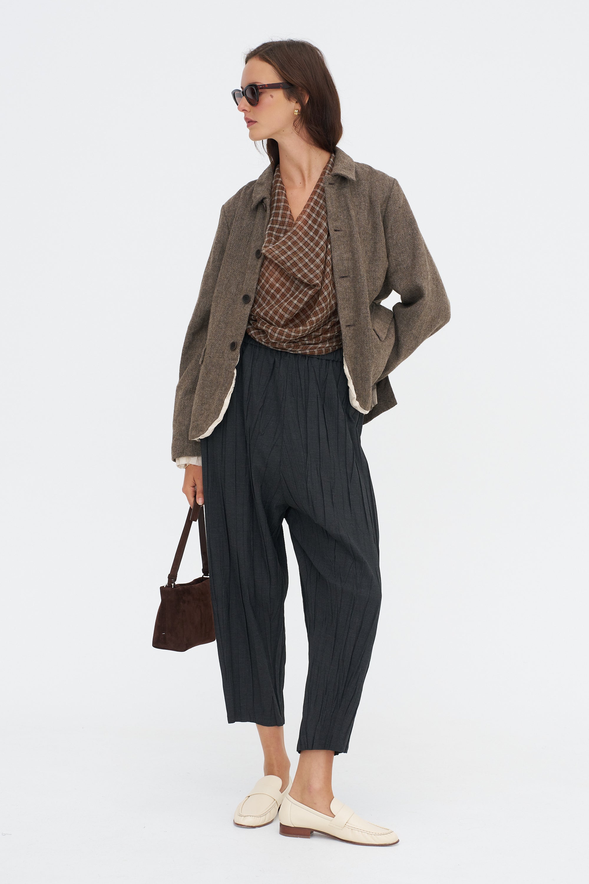 Cashmere Feather Yarn Dyed Classic Check Stole,	Brown