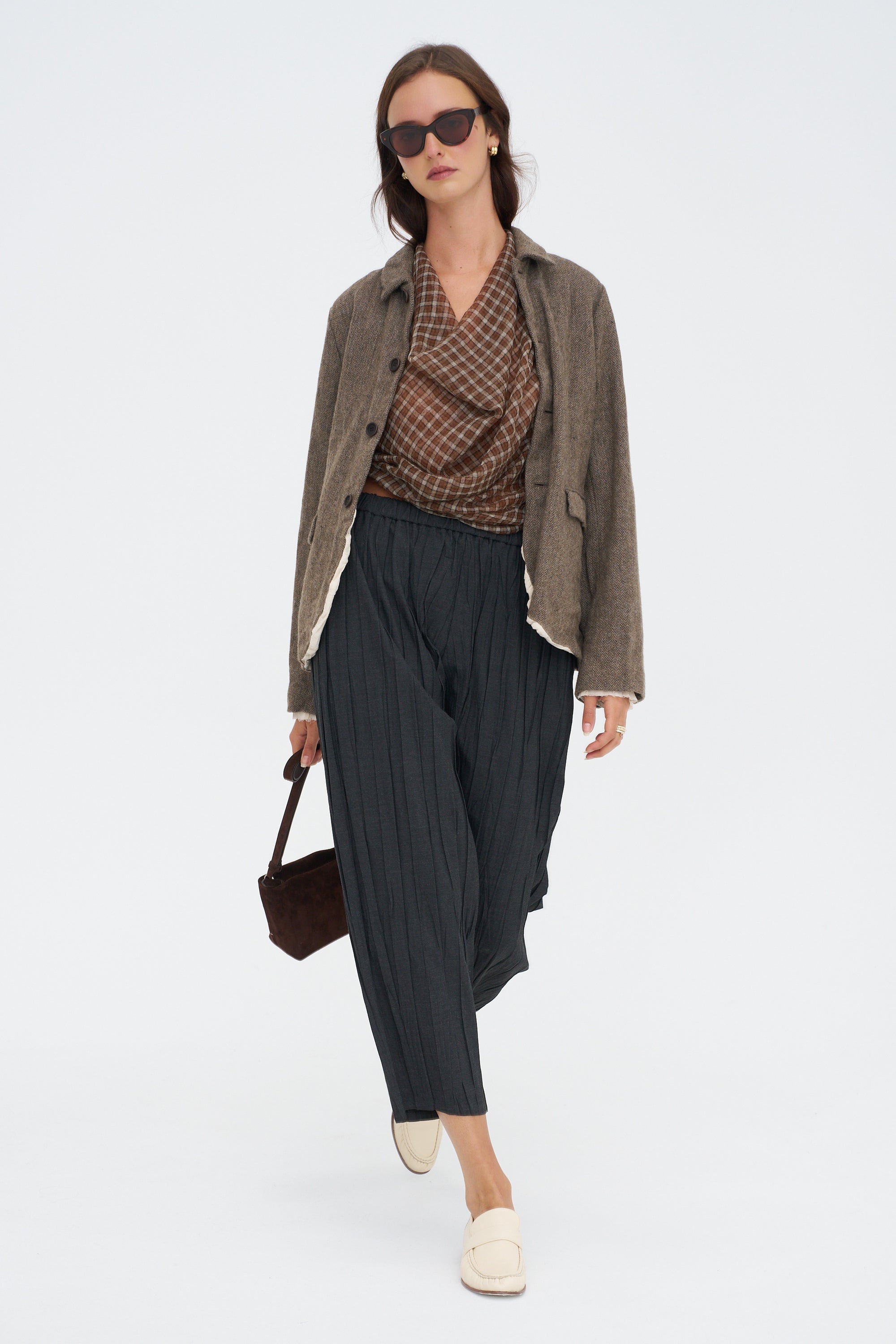 Cashmere Feather Yarn Dyed Classic Check Stole,	Brown