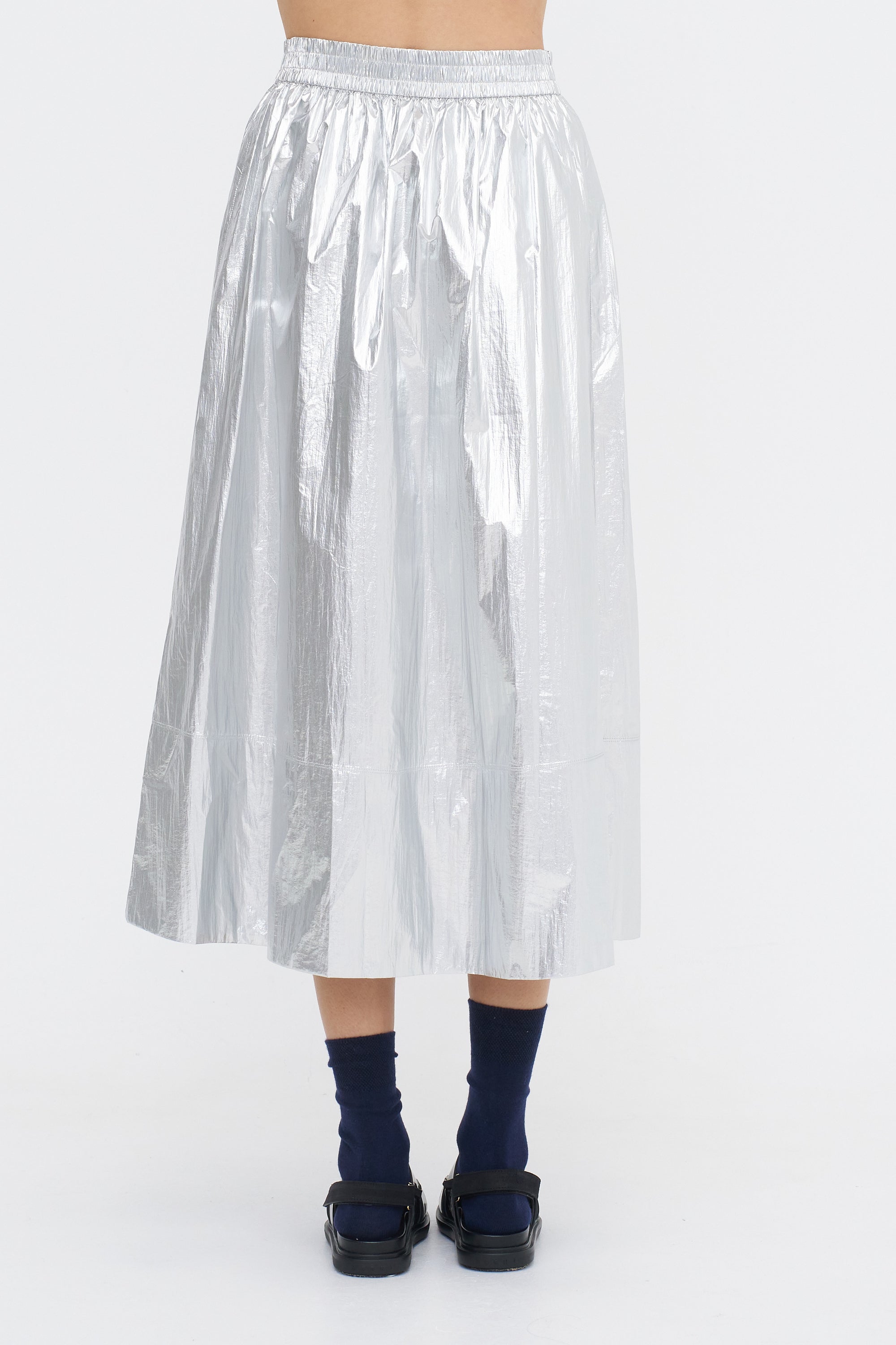 Metallic Nylon Pull On Full Skirt, Silver