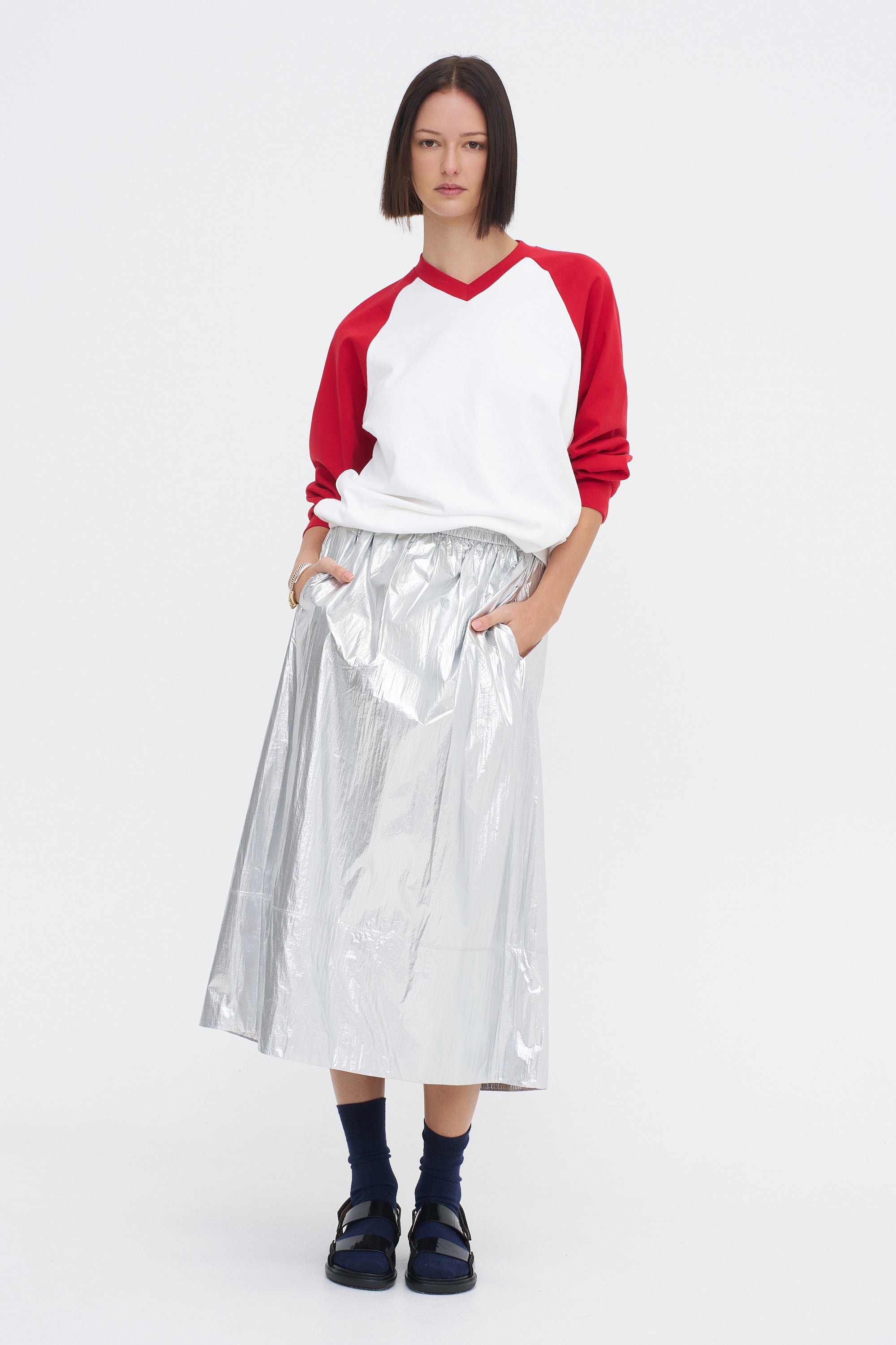 Metallic Nylon Pull On Full Skirt, Silver