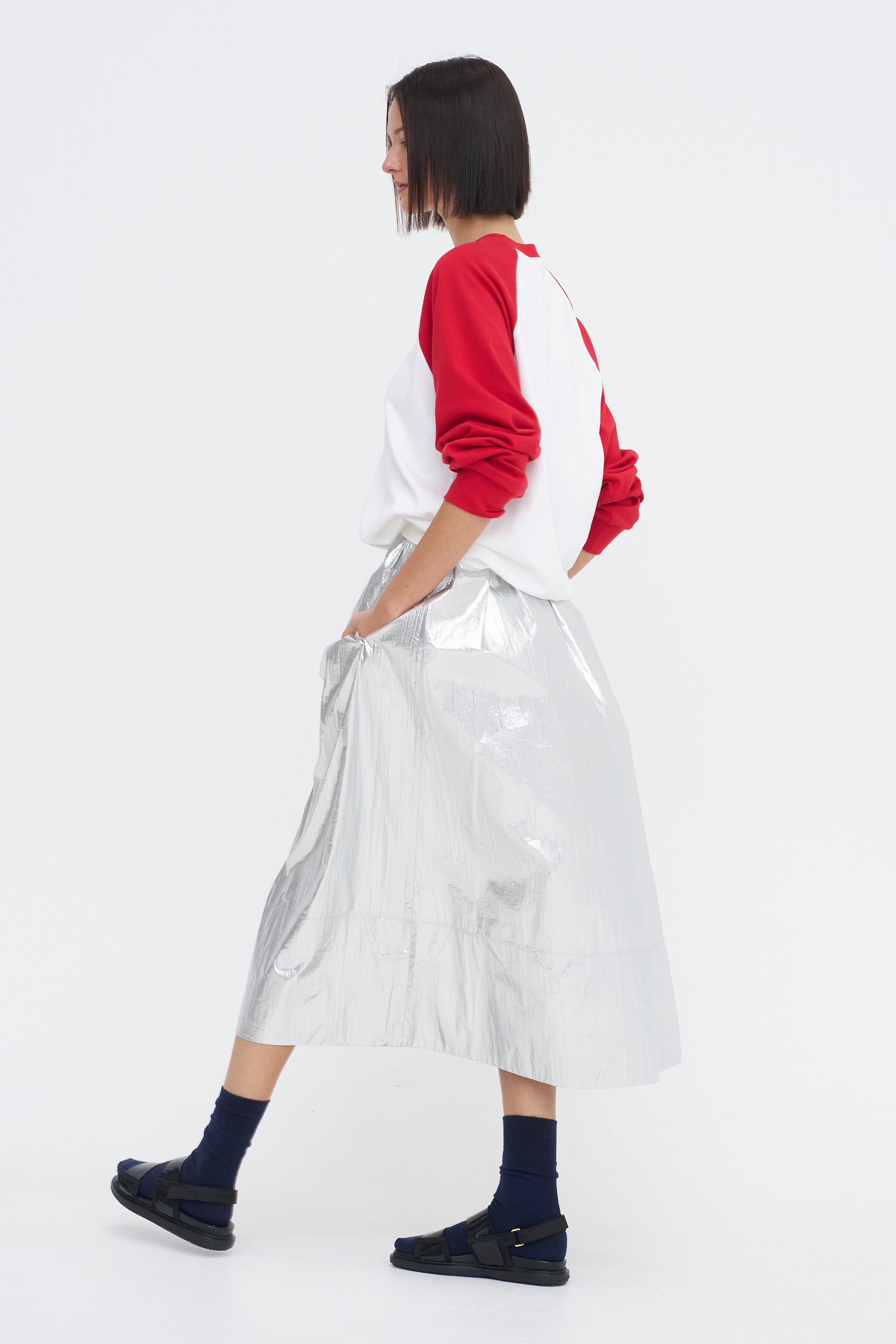 Metallic Nylon Pull On Full Skirt, Silver