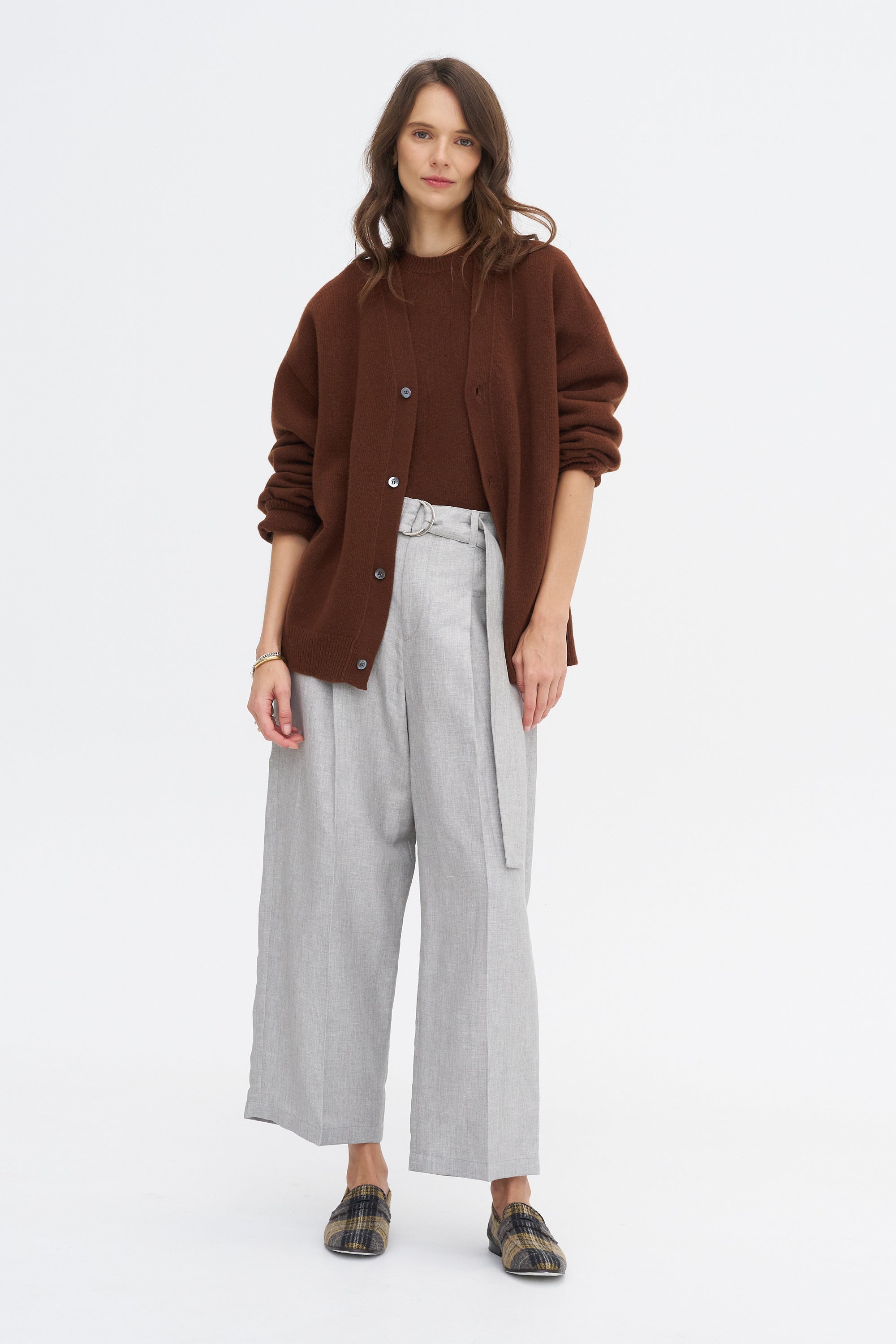 Belted Wide Leg Crop, Grey Chambray