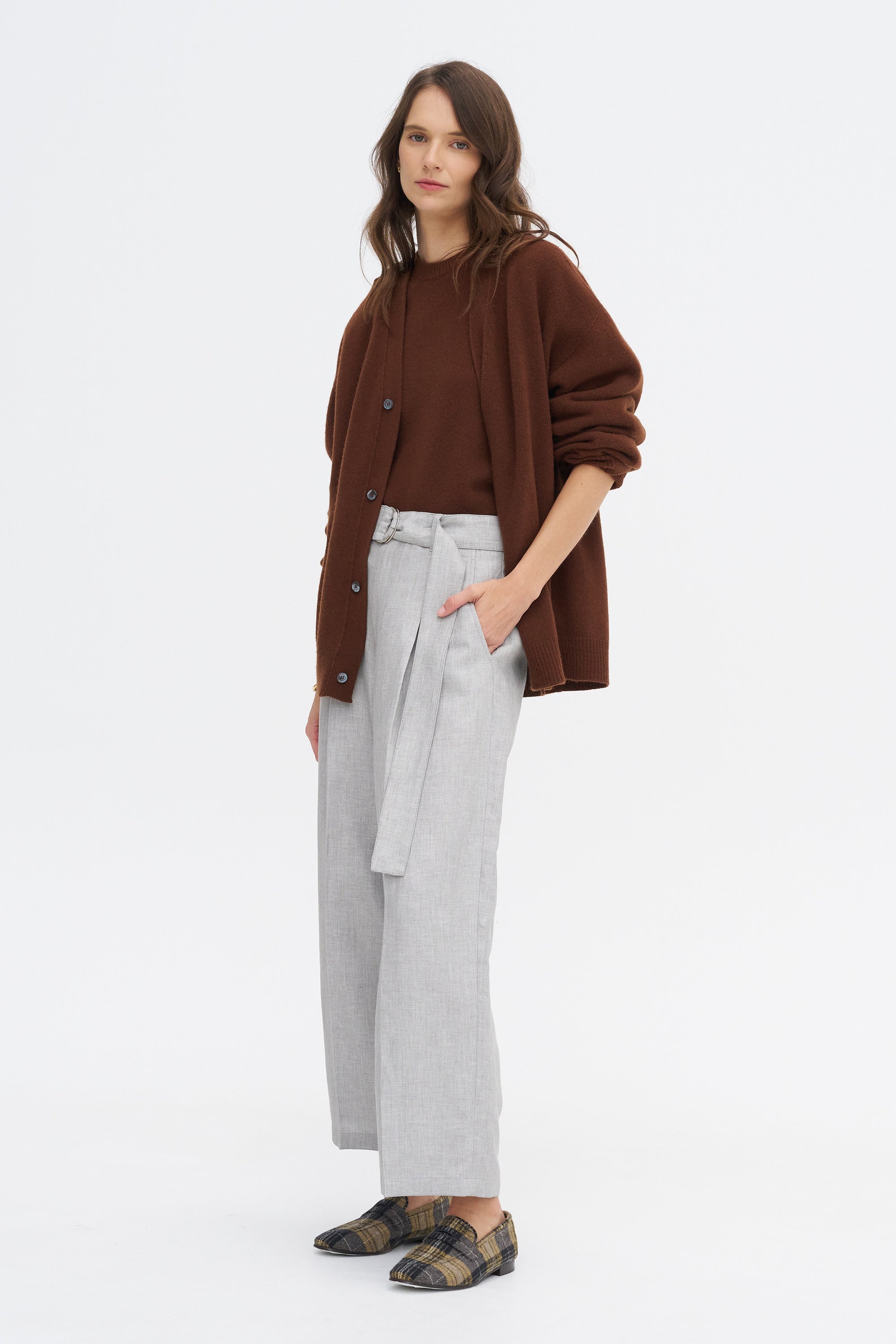 Belted Wide Leg Crop, Grey Chambray