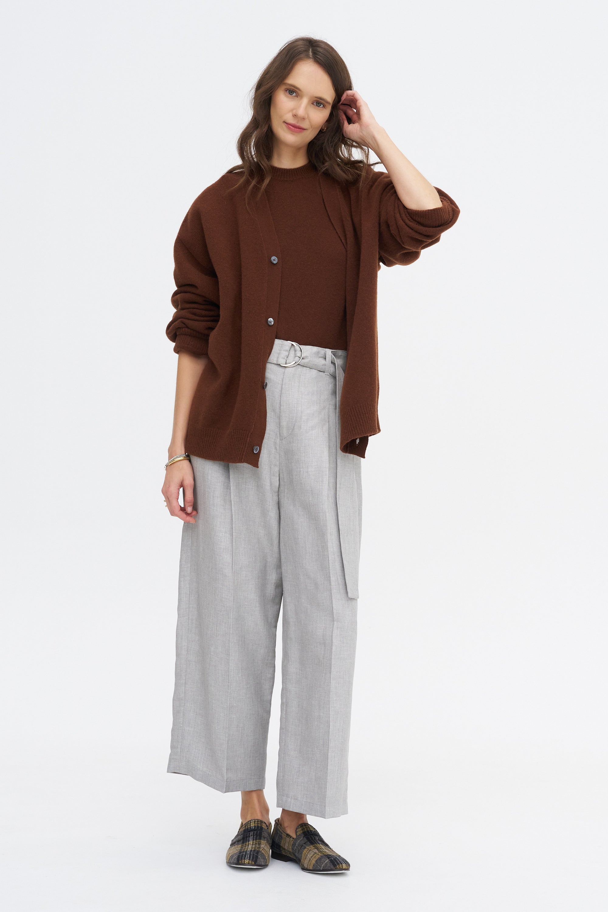 Belted Wide Leg Crop, Grey Chambray