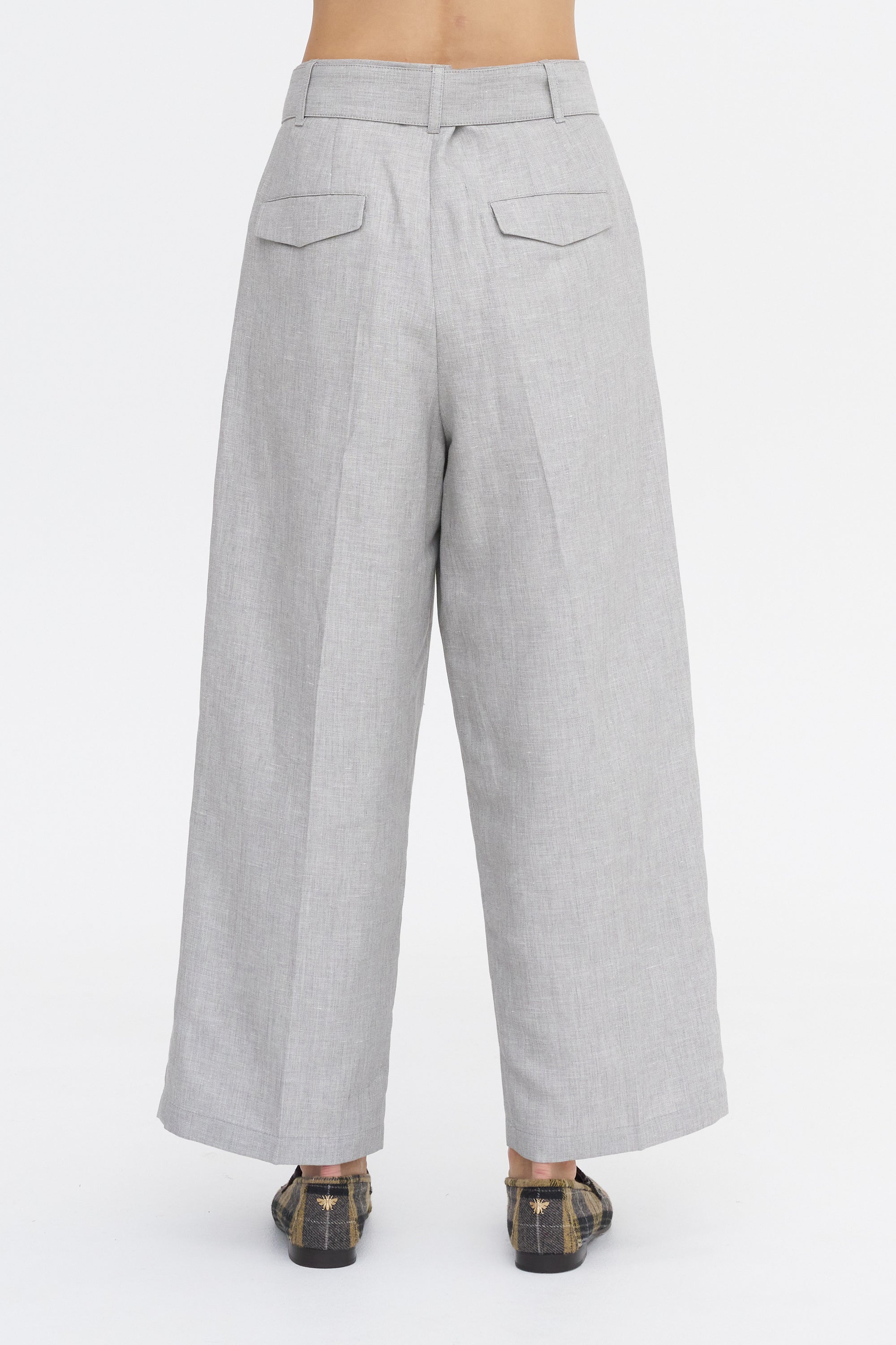 Belted Wide Leg Crop, Grey Chambray