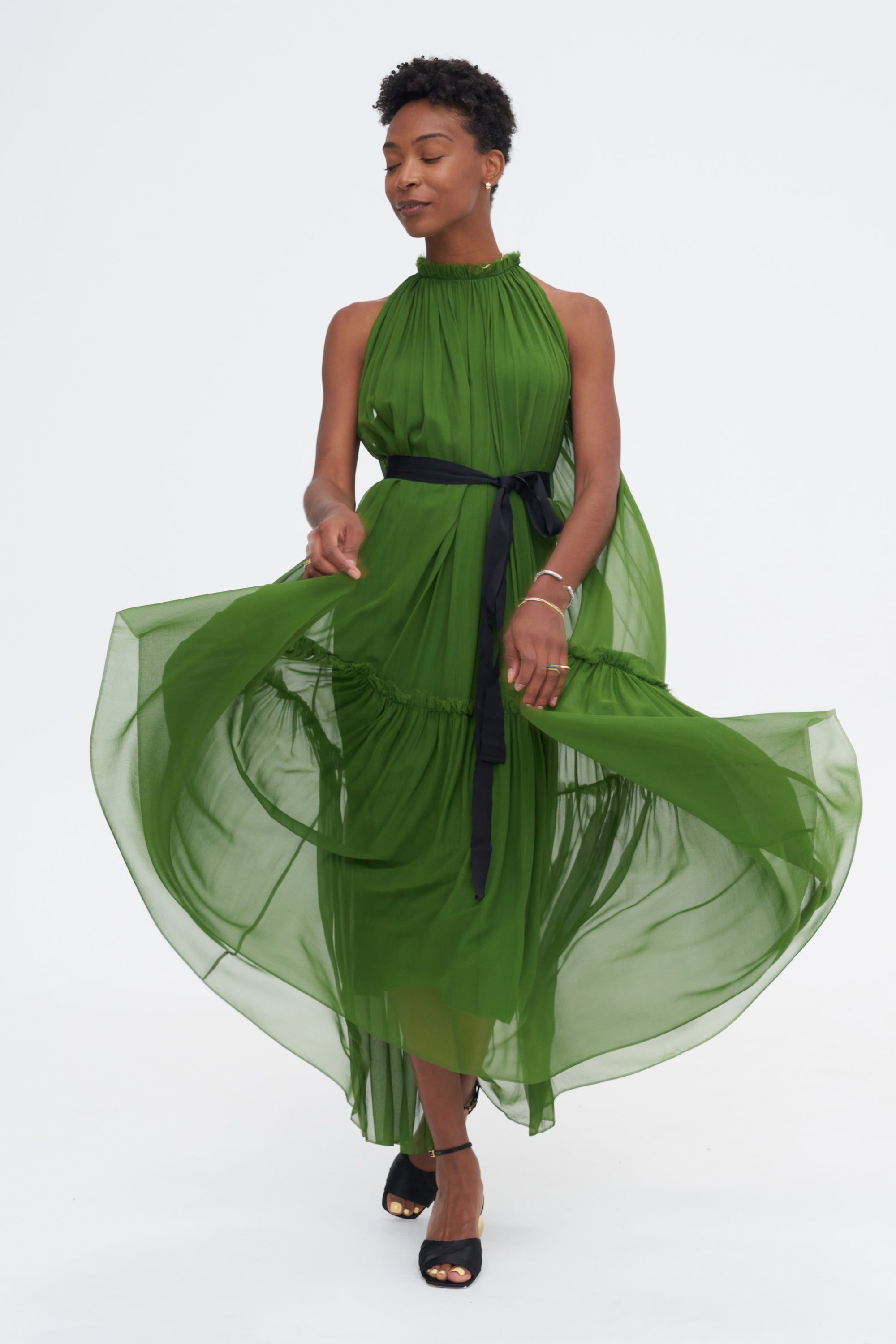 Moss Silk Chiffon Dress, Moss &amp; Black