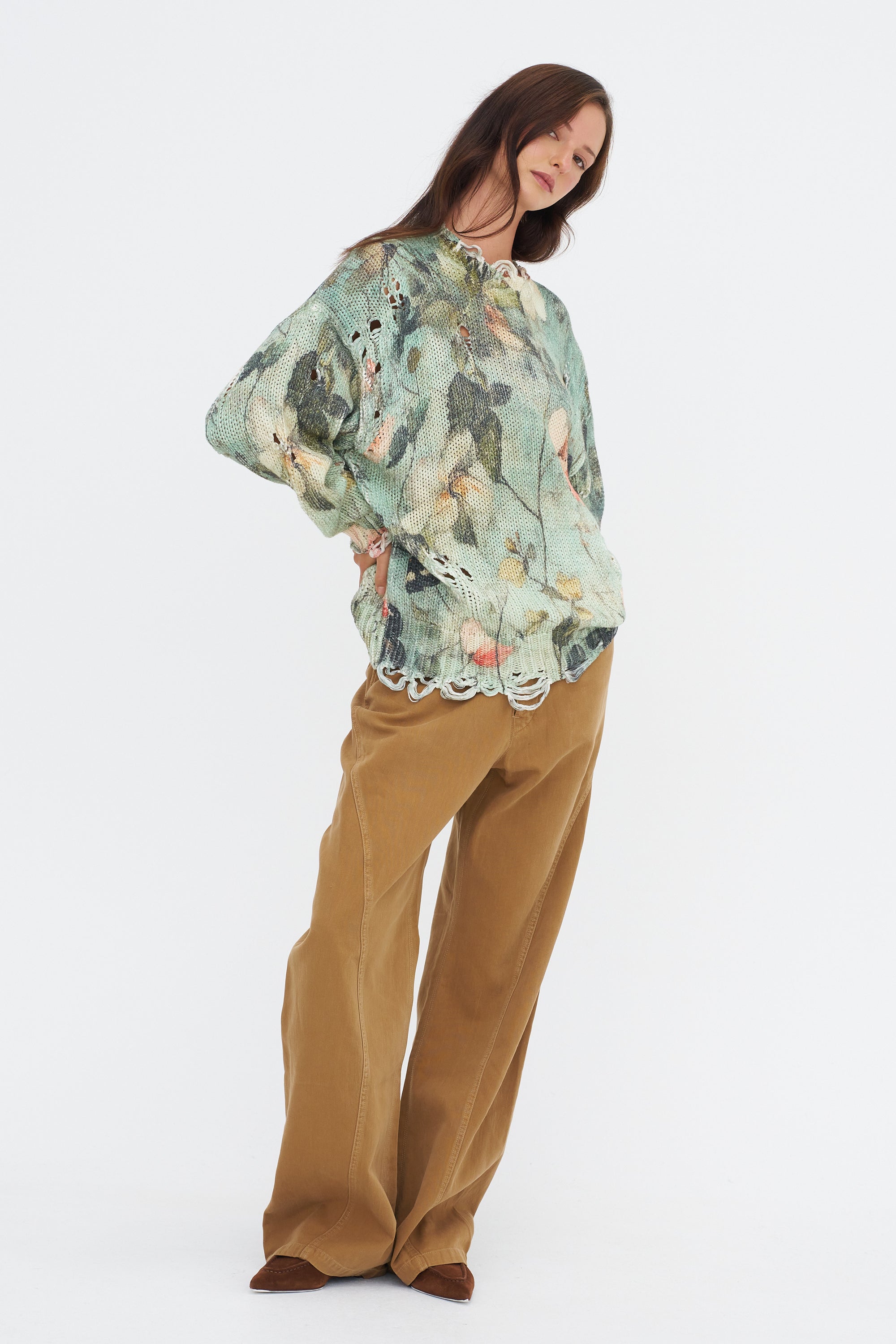 Printed Oversized Sweater, Turquoise Floral